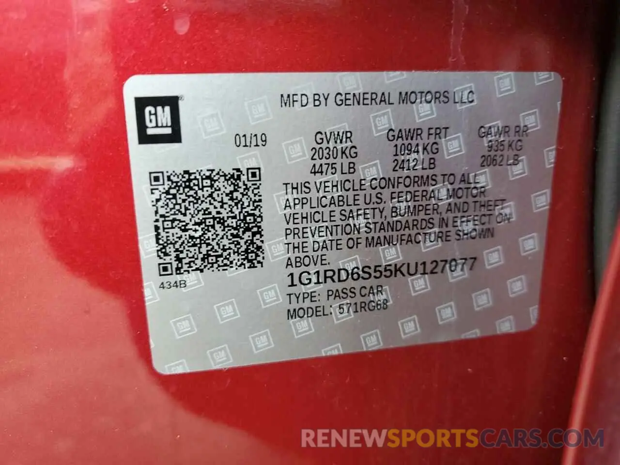 12 Photograph of a damaged car 1G1RD6S55KU127077 CHEVROLET VOLT 2019