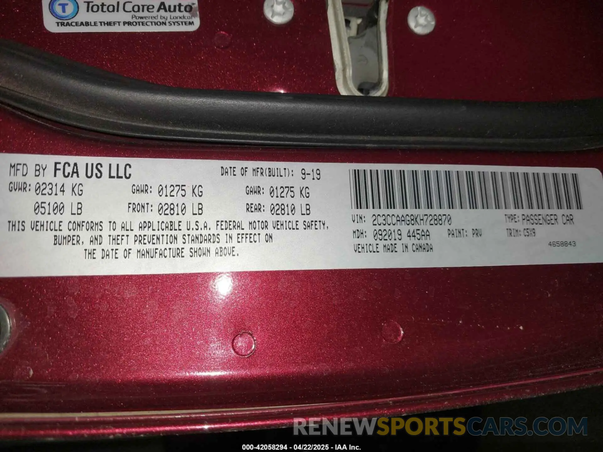 9 Фотография поврежденного автомобиля 2C3CCAAG8KH728870 CHRYSLER 300 2019