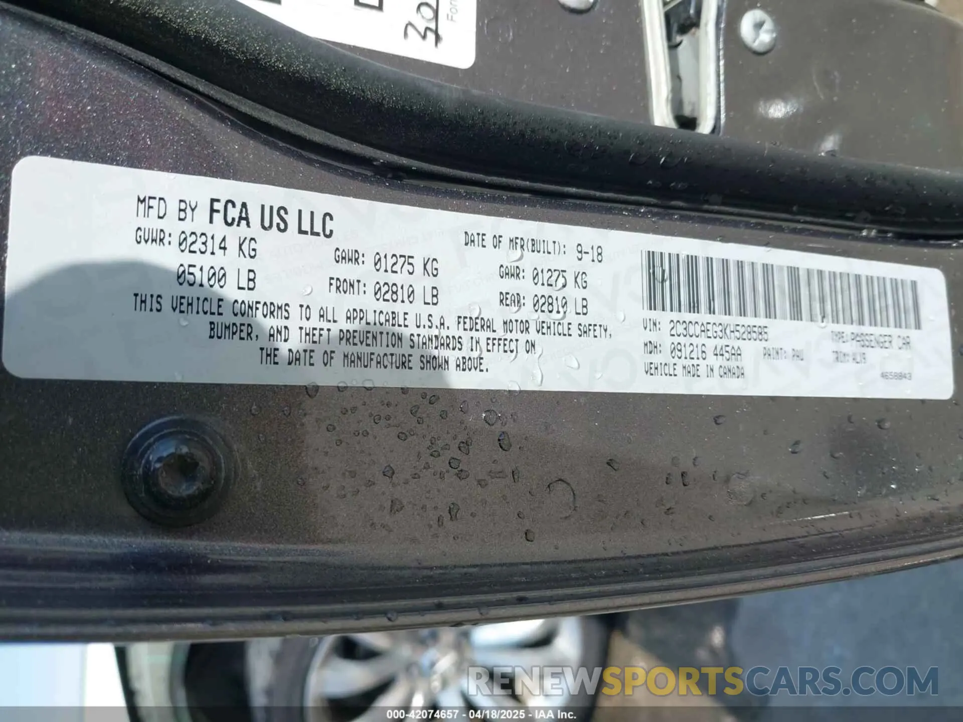 9 Фотография поврежденного автомобиля 2C3CCAEG3KH528585 CHRYSLER 300 2019