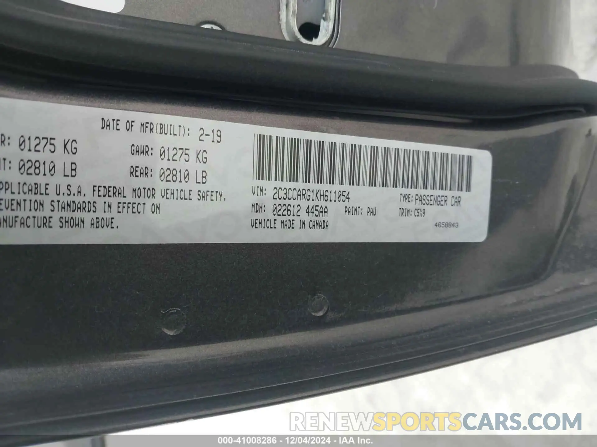 9 Фотография поврежденного автомобиля 2C3CCARG1KH611054 CHRYSLER 300 2019