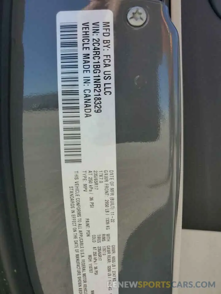 14 Photograph of a damaged car 2C4RC1BG1NR218329 CHRYSLER PACIFICA 2022