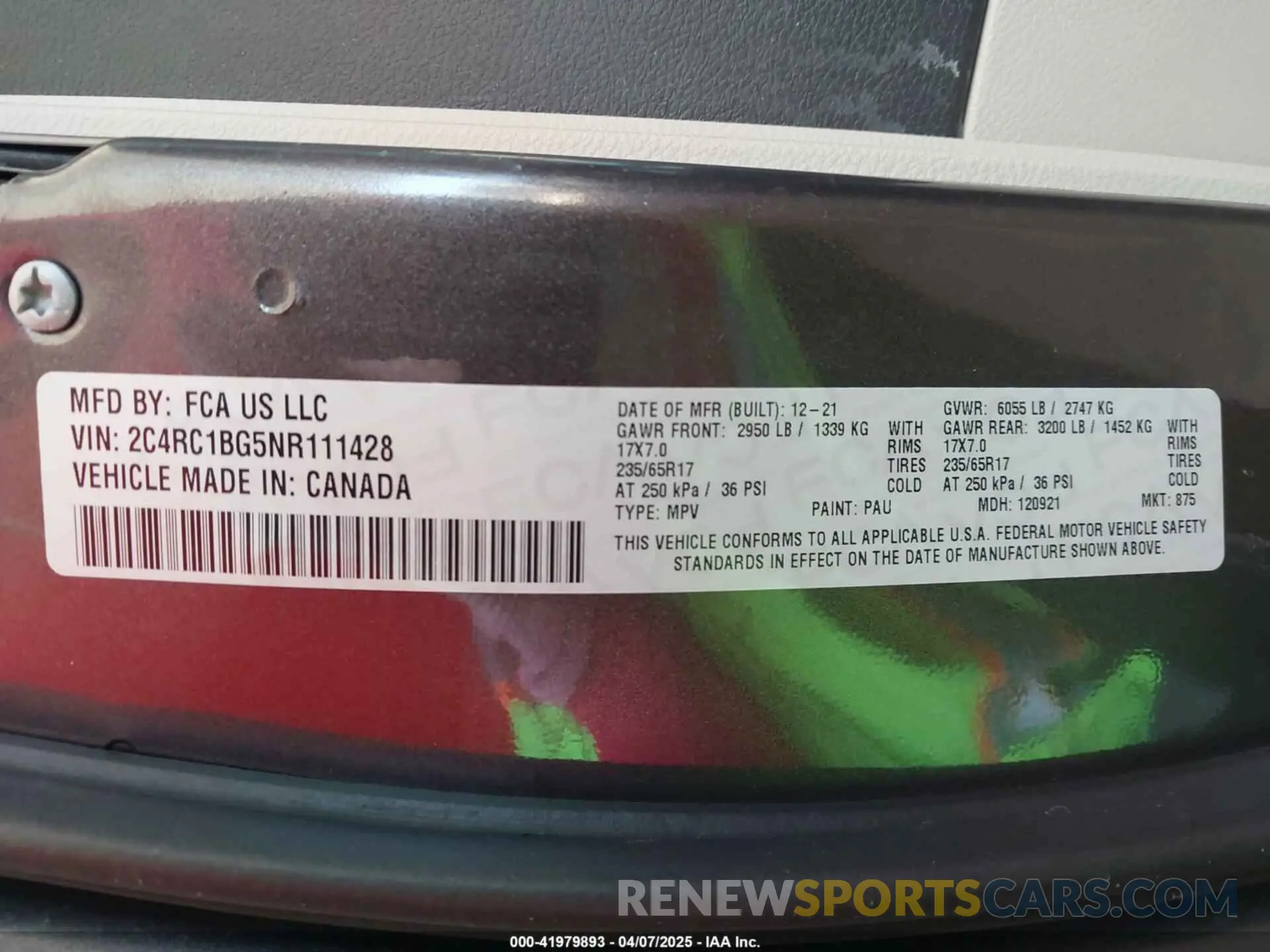 9 Фотография поврежденного автомобиля 2C4RC1BG5NR111428 CHRYSLER PACIFICA 2022