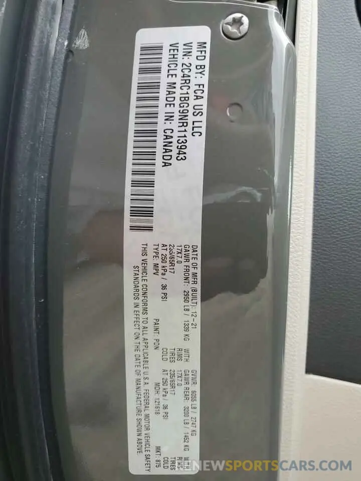 13 Фотография поврежденного автомобиля 2C4RC1BG9NR113943 CHRYSLER PACIFICA 2022