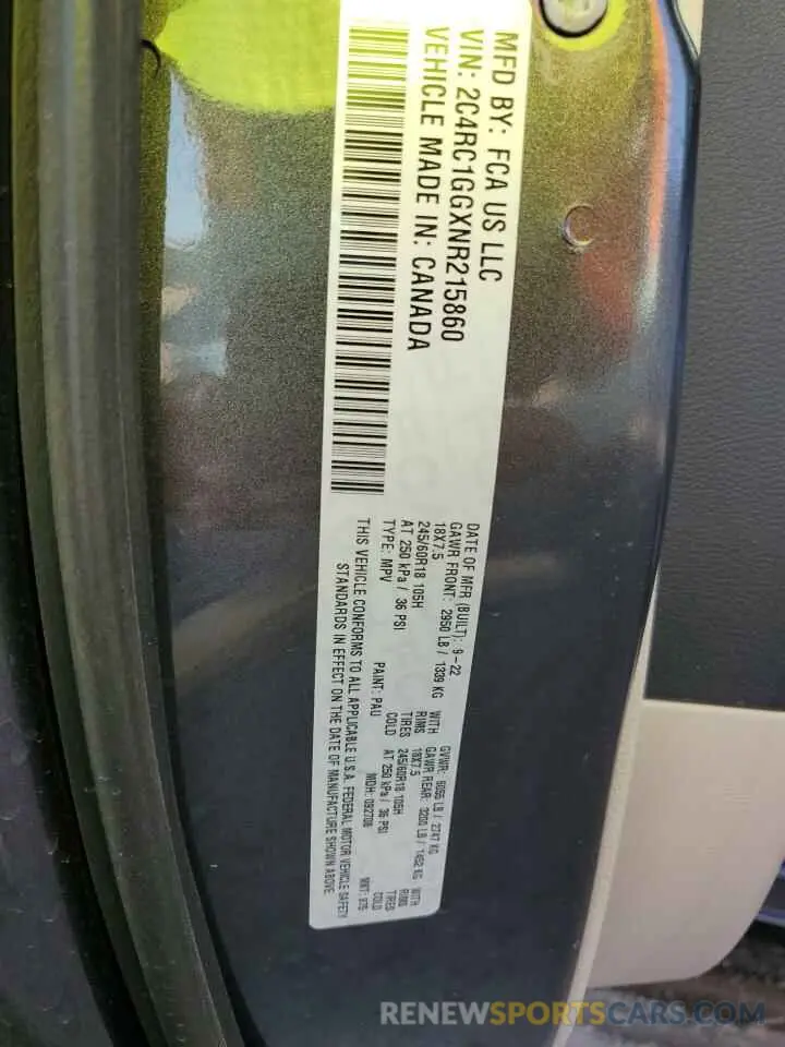 14 Фотография поврежденного автомобиля 2C4RC1GGXNR215860 CHRYSLER PACIFICA 2022
