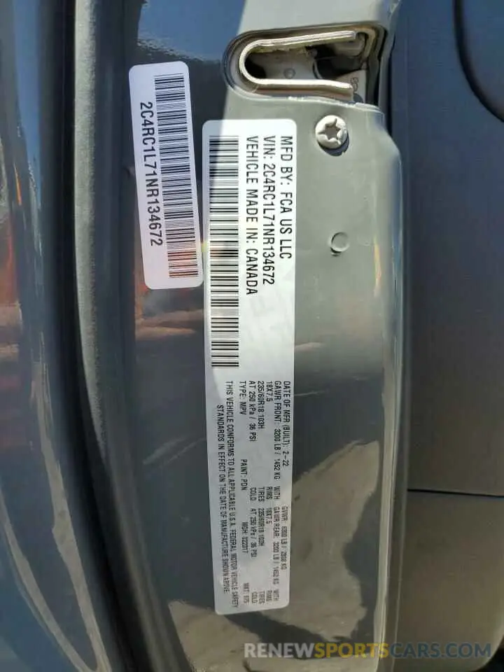 12 Photograph of a damaged car 2C4RC1L71NR134672 CHRYSLER PACIFICA 2022