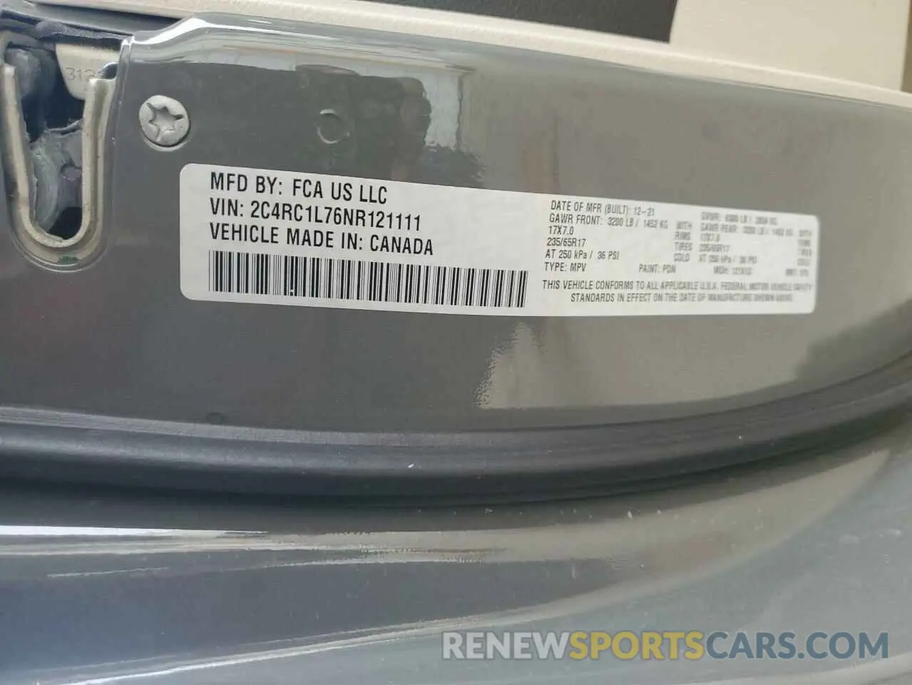 13 Фотография поврежденного автомобиля 2C4RC1L76NR121111 CHRYSLER PACIFICA 2022