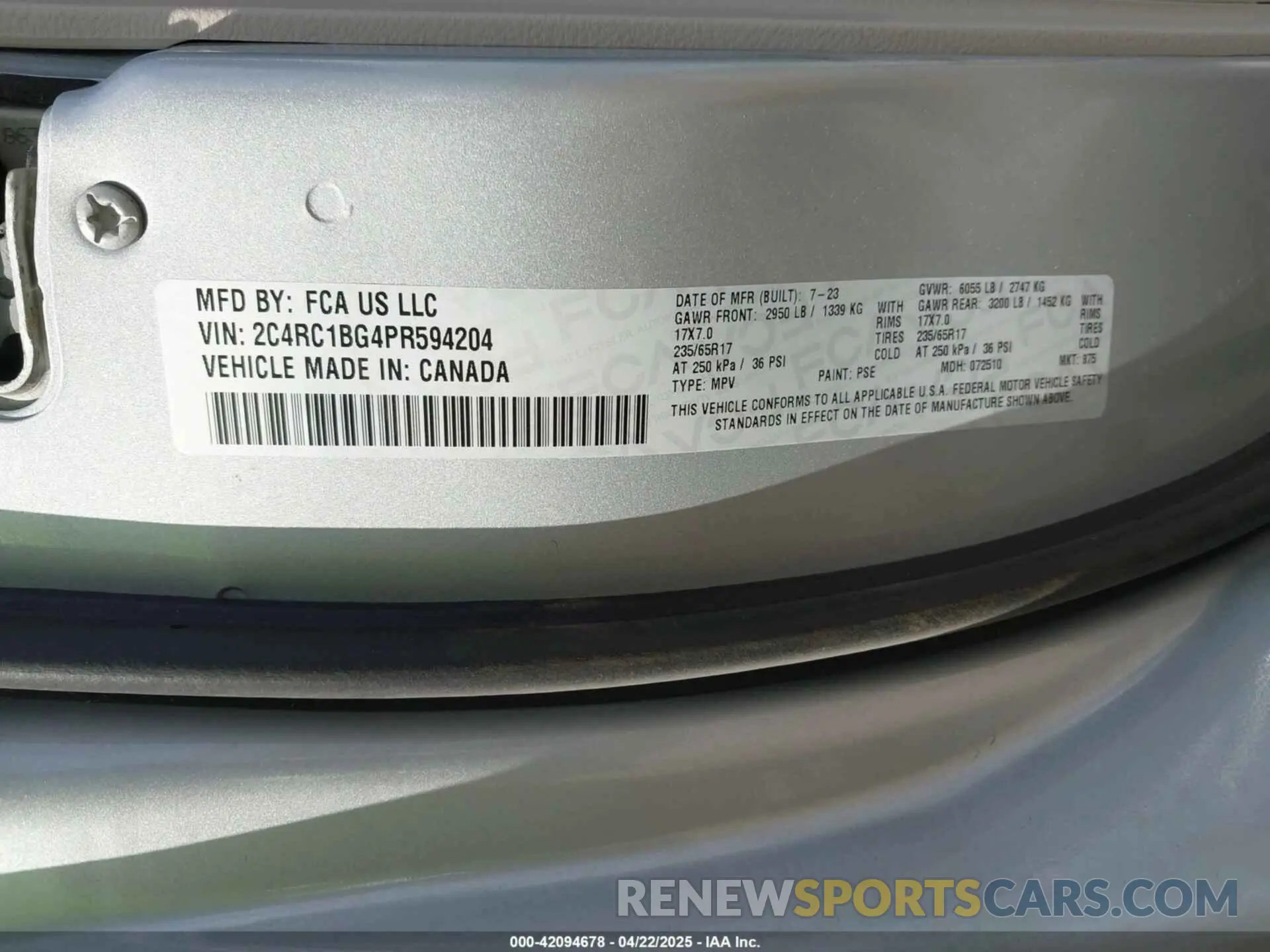 9 Фотография поврежденного автомобиля 2C4RC1BG4PR594204 CHRYSLER PACIFICA 2023