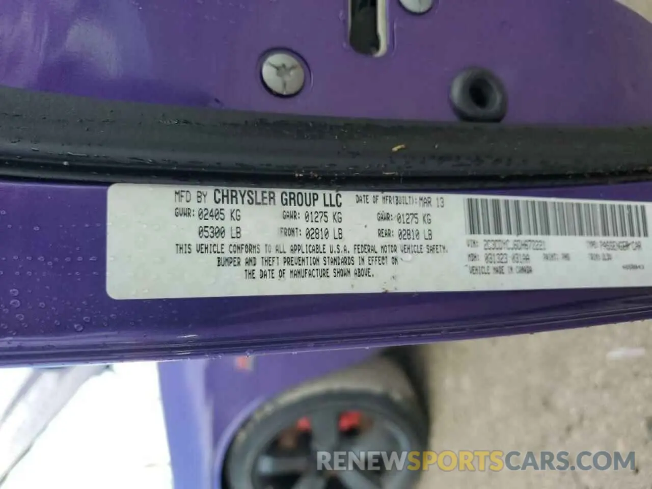13 Photograph of a damaged car 2C3CDYCJ6DH672221 DODGE CHALLENGER 2013