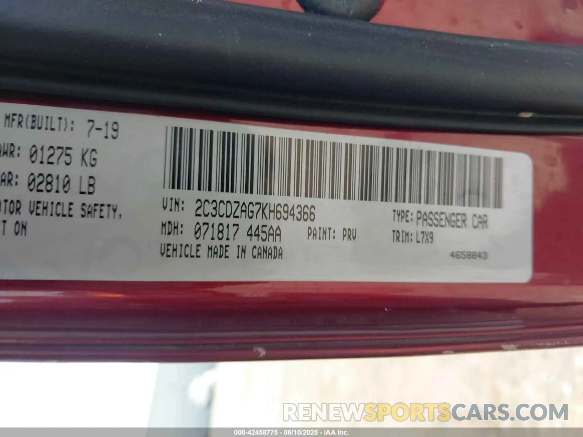 9 Photograph of a damaged car 2C3CDZAG7KH694366 DODGE CHALLENGER 2019