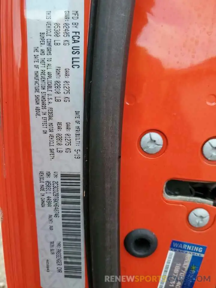 12 Photograph of a damaged car 2C3CDZBT6KH640746 DODGE CHALLENGER 2019