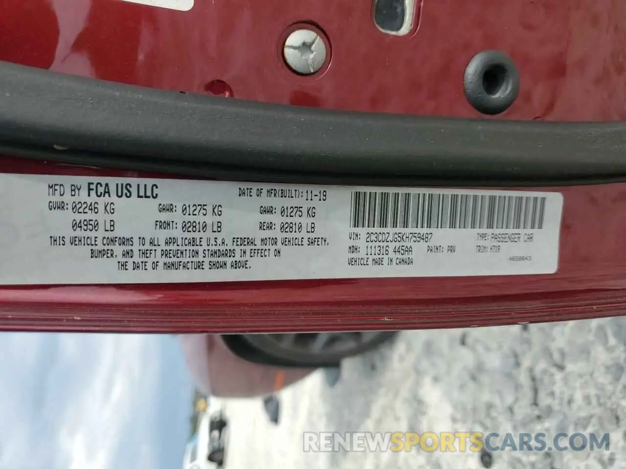 12 Photograph of a damaged car 2C3CDZJG5KH759487 DODGE CHALLENGER 2019