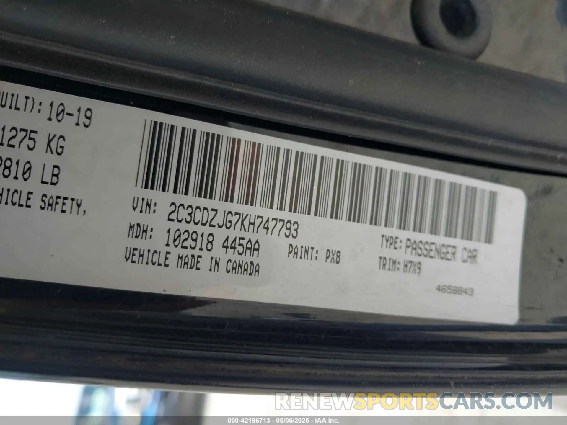 9 Photograph of a damaged car 2C3CDZJG7KH747793 DODGE CHALLENGER 2019