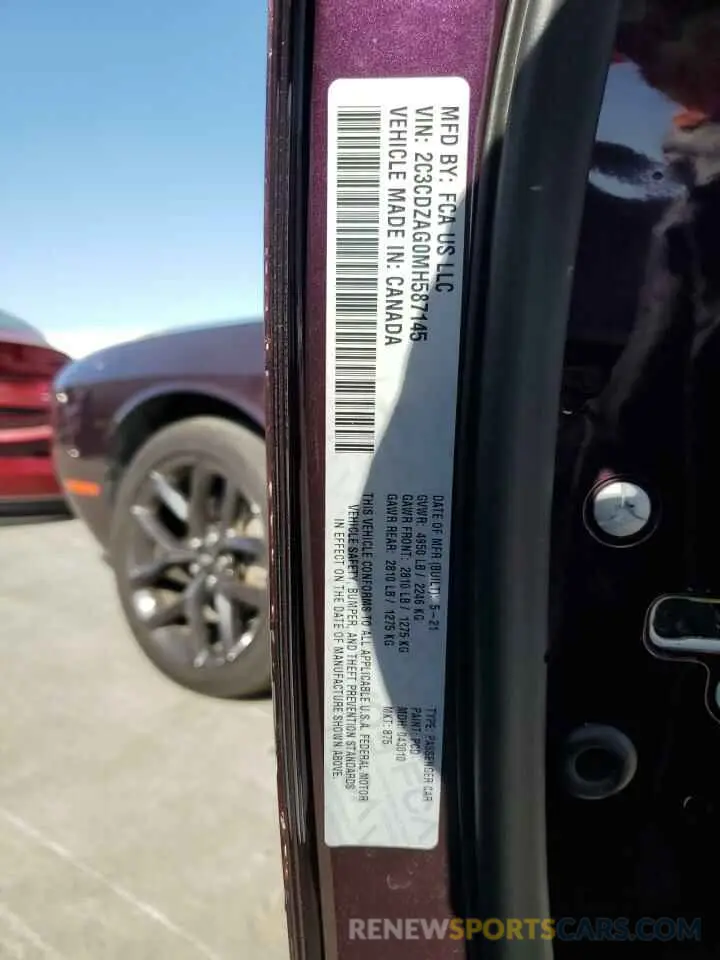 12 Photograph of a damaged car 2C3CDZAG0MH587145 DODGE CHALLENGER 2021