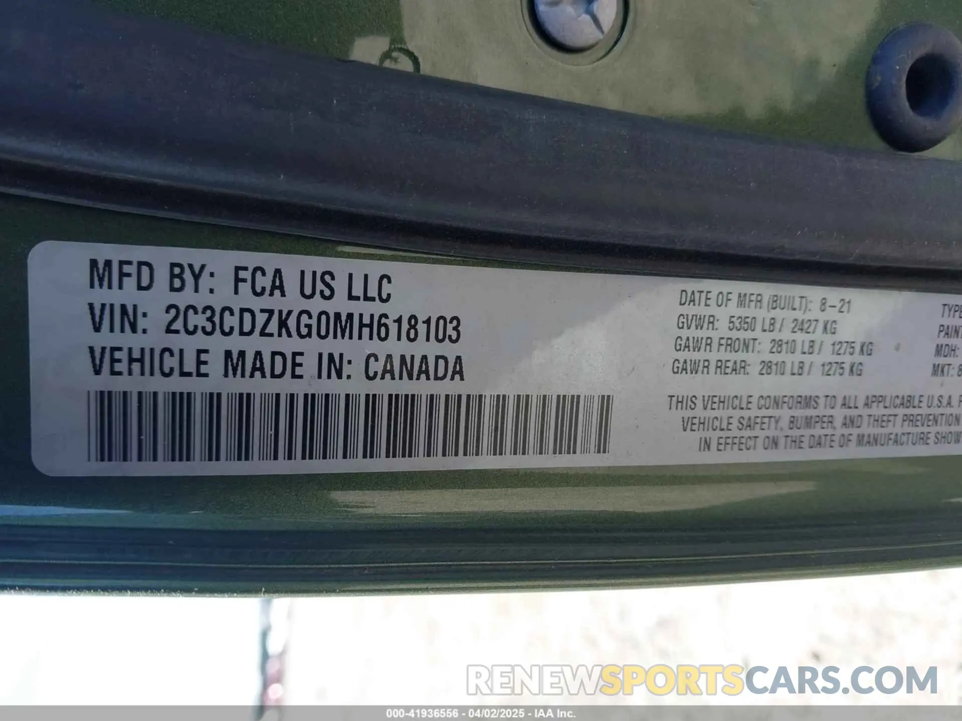 9 Фотография поврежденного автомобиля 2C3CDZKG0MH618103 DODGE CHALLENGER 2021