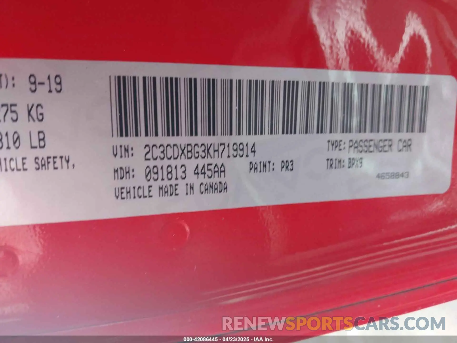 9 Photograph of a damaged car 2C3CDXBG3KH719914 DODGE CHARGER 2019
