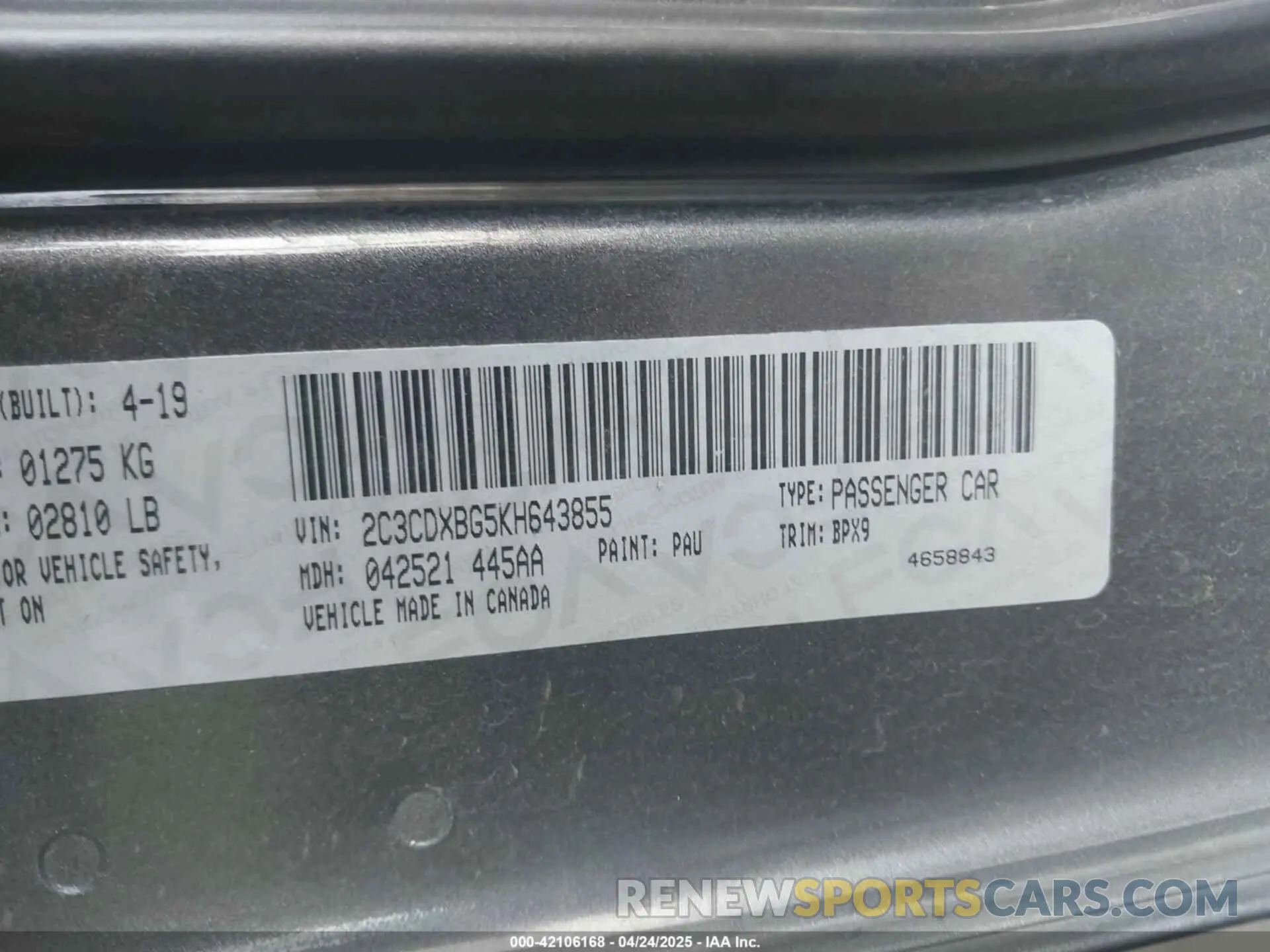 9 Photograph of a damaged car 2C3CDXBG5KH643855 DODGE CHARGER 2019