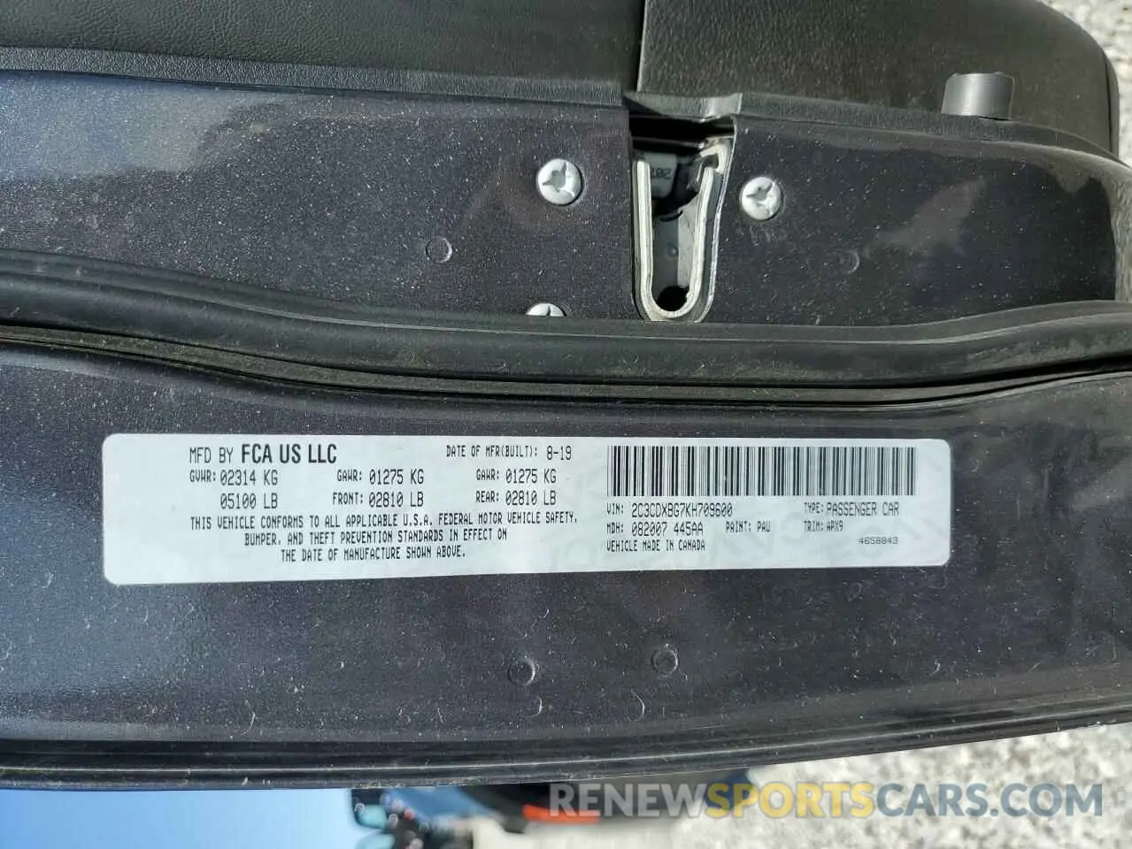 12 Фотография поврежденного автомобиля 2C3CDXBG7KH709600 DODGE CHARGER 2019