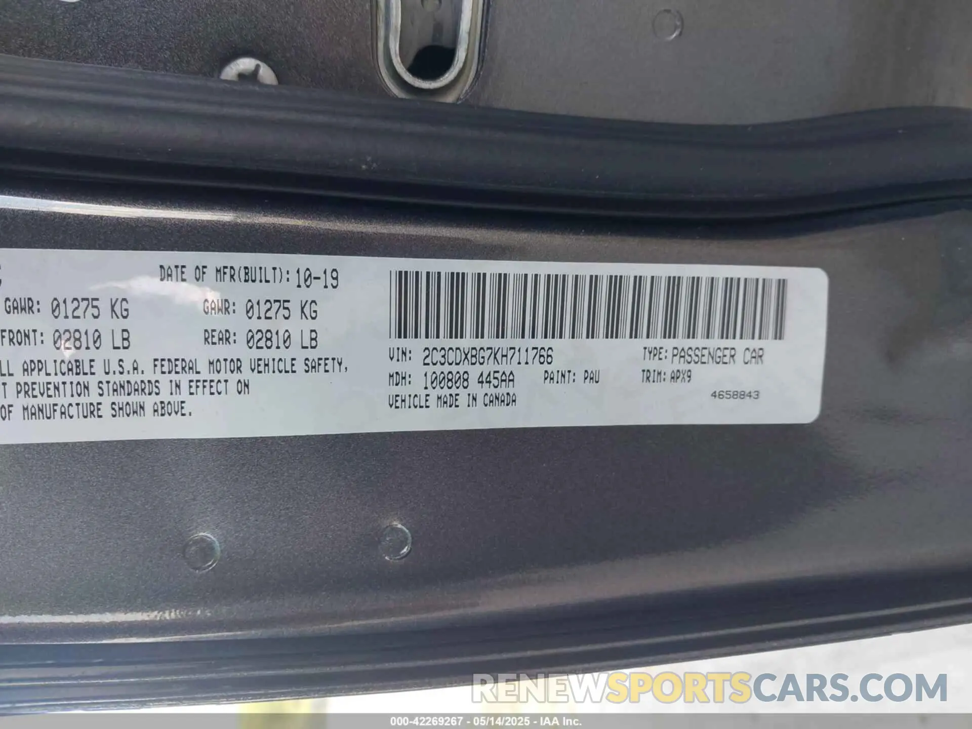 9 Photograph of a damaged car 2C3CDXBG7KH711766 DODGE CHARGER 2019