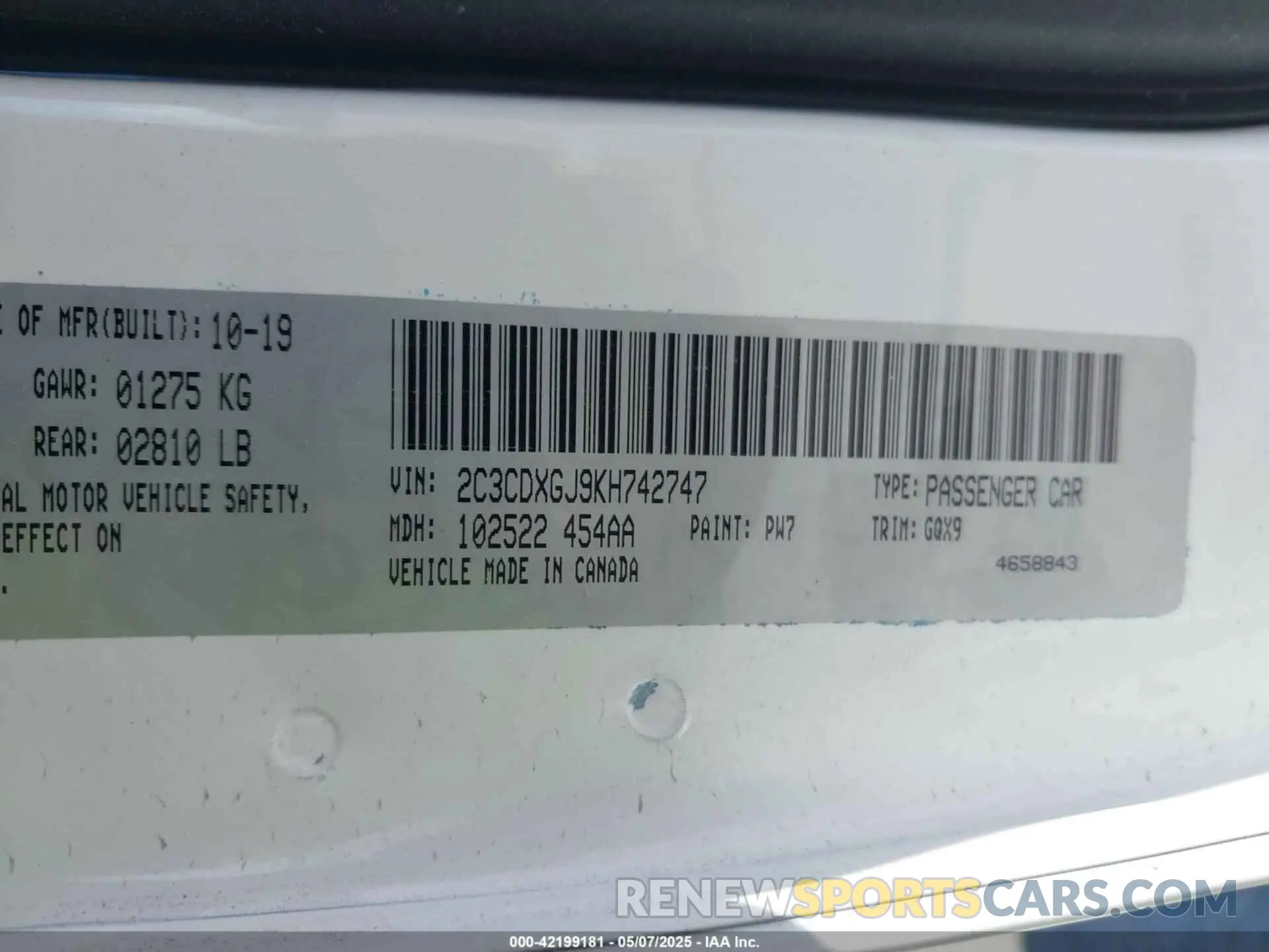 9 Фотография поврежденного автомобиля 2C3CDXGJ9KH742747 DODGE CHARGER 2019