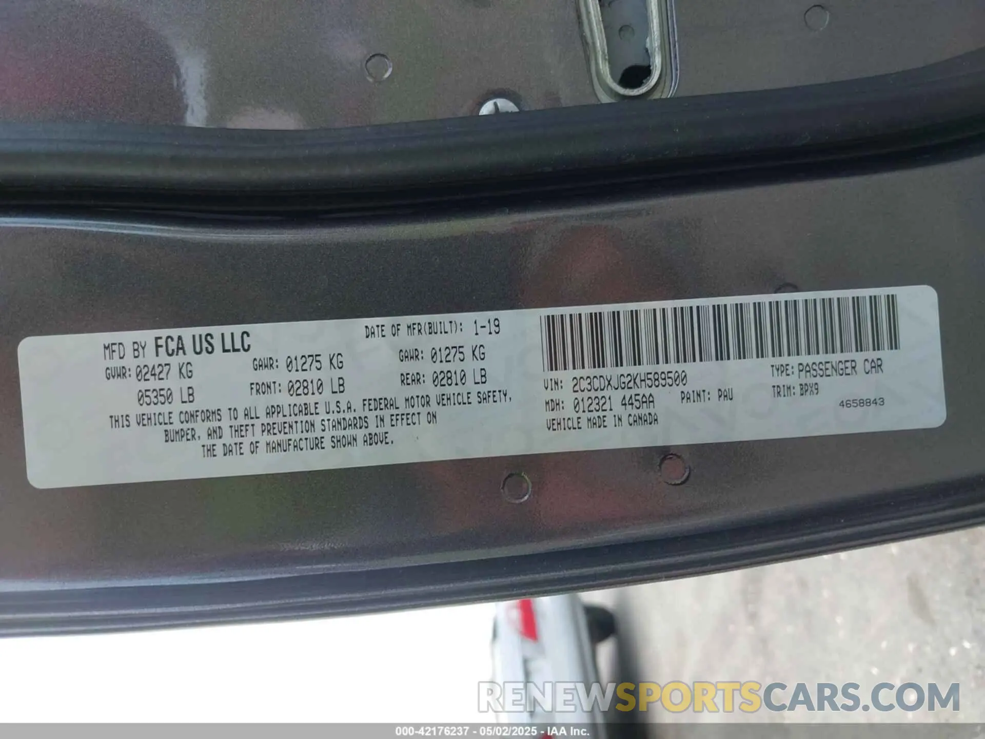 9 Фотография поврежденного автомобиля 2C3CDXJG2KH589500 DODGE CHARGER 2019