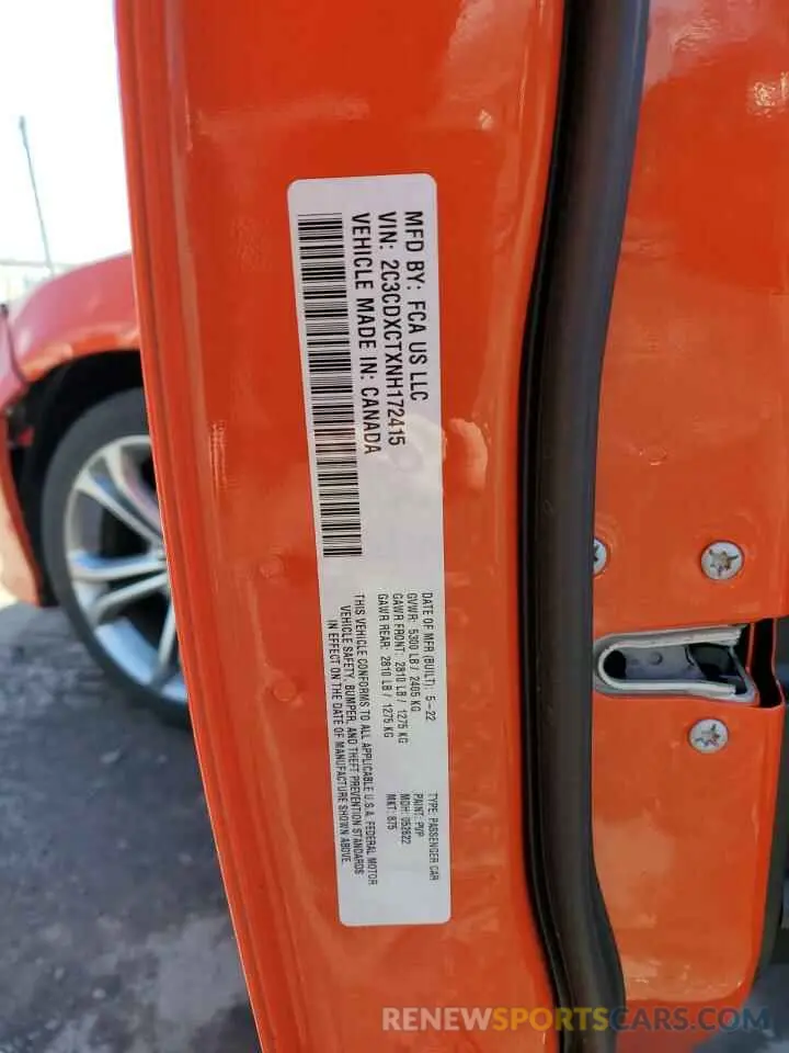 12 Photograph of a damaged car 2C3CDXCTXNH172415 DODGE CHARGER 2022