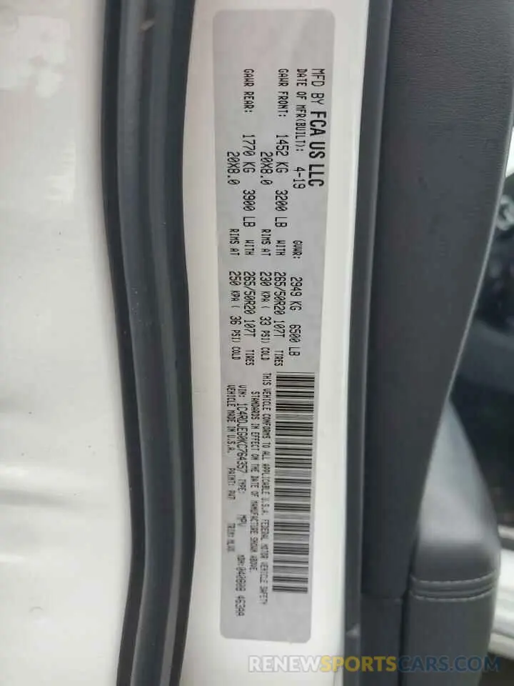13 Фотография поврежденного автомобиля 1C4RDJEG0KC764357 DODGE DURANGO 2019