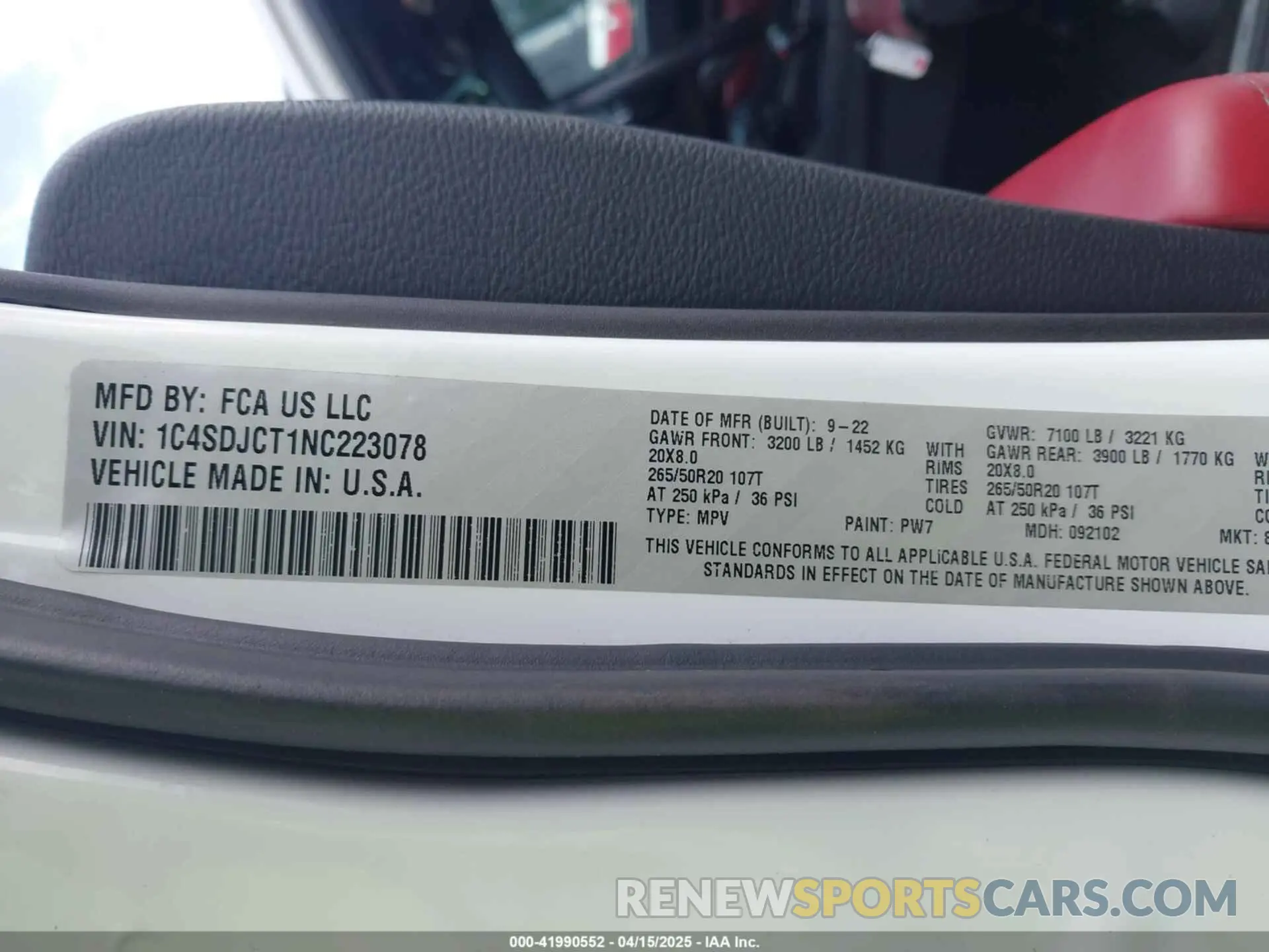 9 Фотография поврежденного автомобиля 1C4SDJCT1NC223078 DODGE DURANGO 2022
