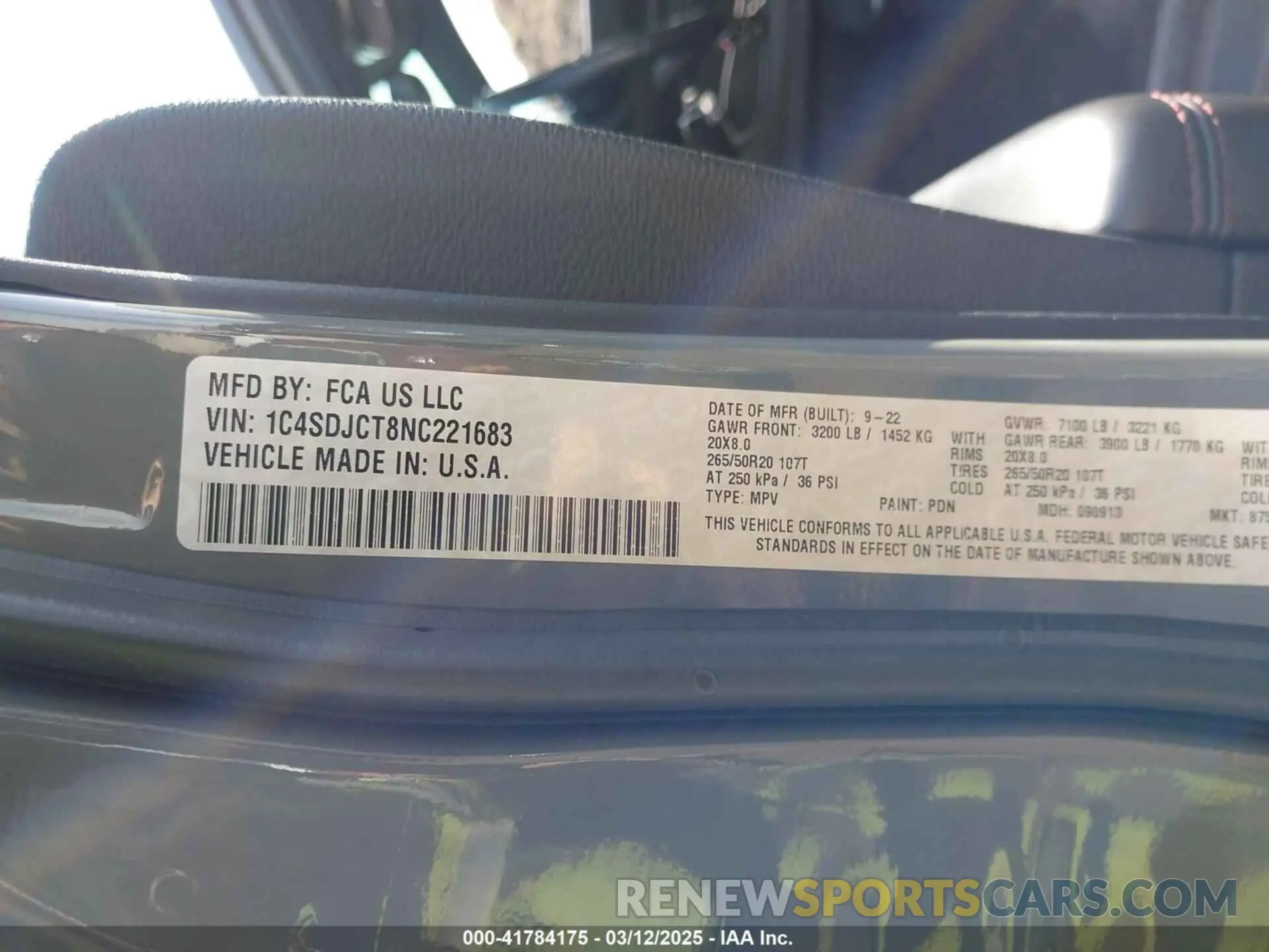 9 Фотография поврежденного автомобиля 1C4SDJCT8NC221683 DODGE DURANGO 2022