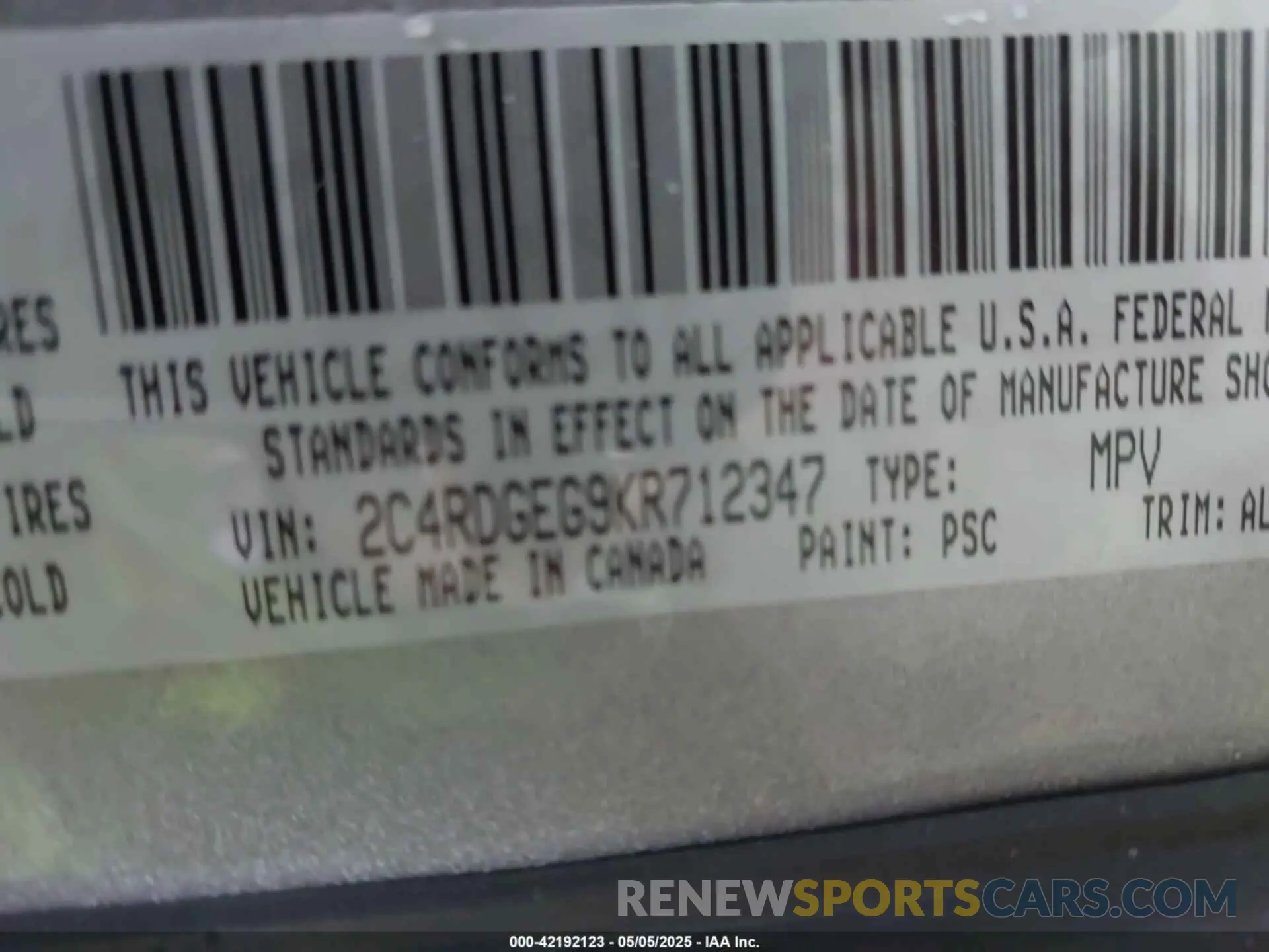 9 Photograph of a damaged car 2C4RDGEG9KR712347 DODGE GRAND CARAVAN 2019