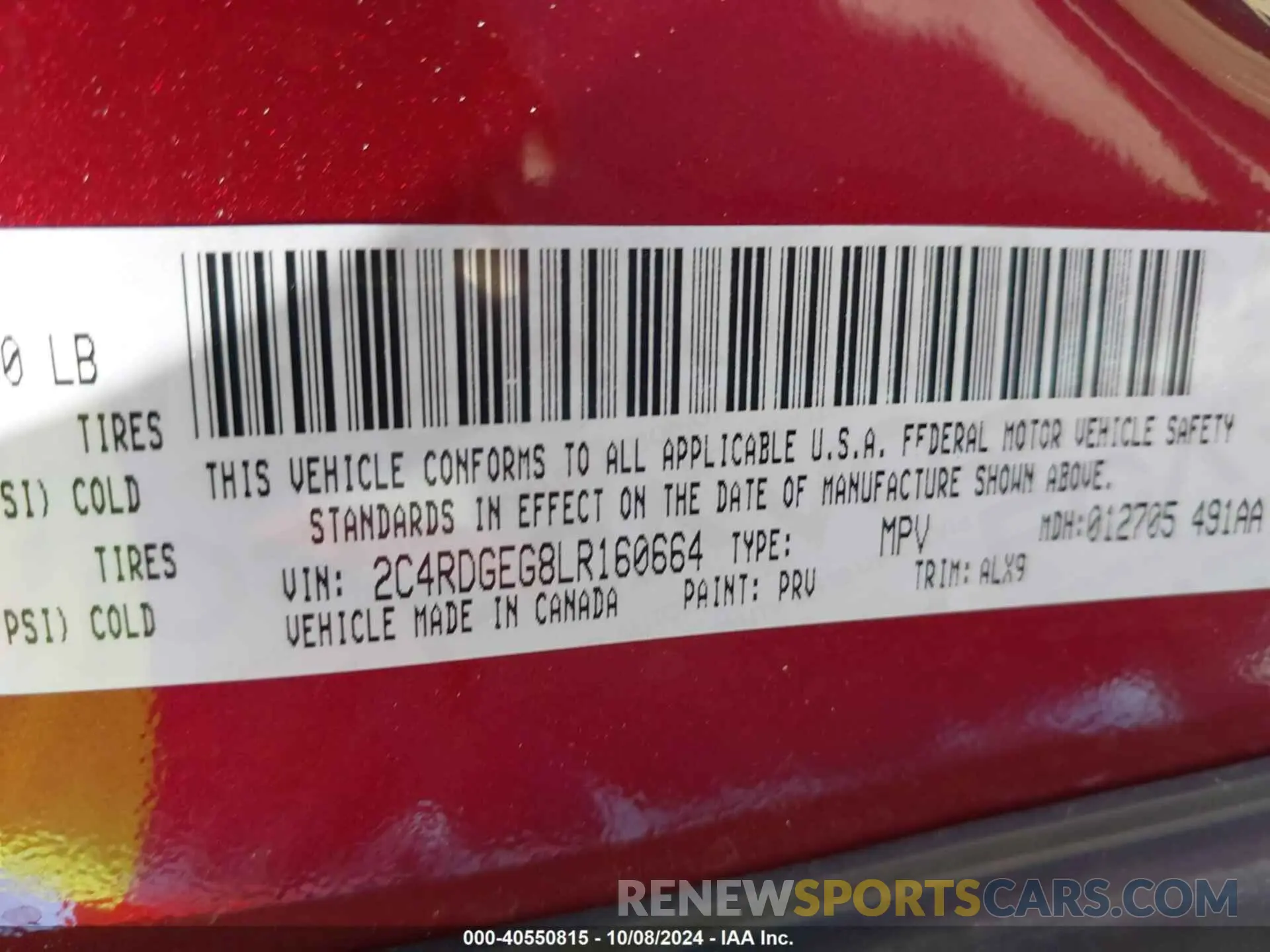 9 Photograph of a damaged car 2C4RDGEG8LR160664 DODGE GRAND CARAVAN 2020