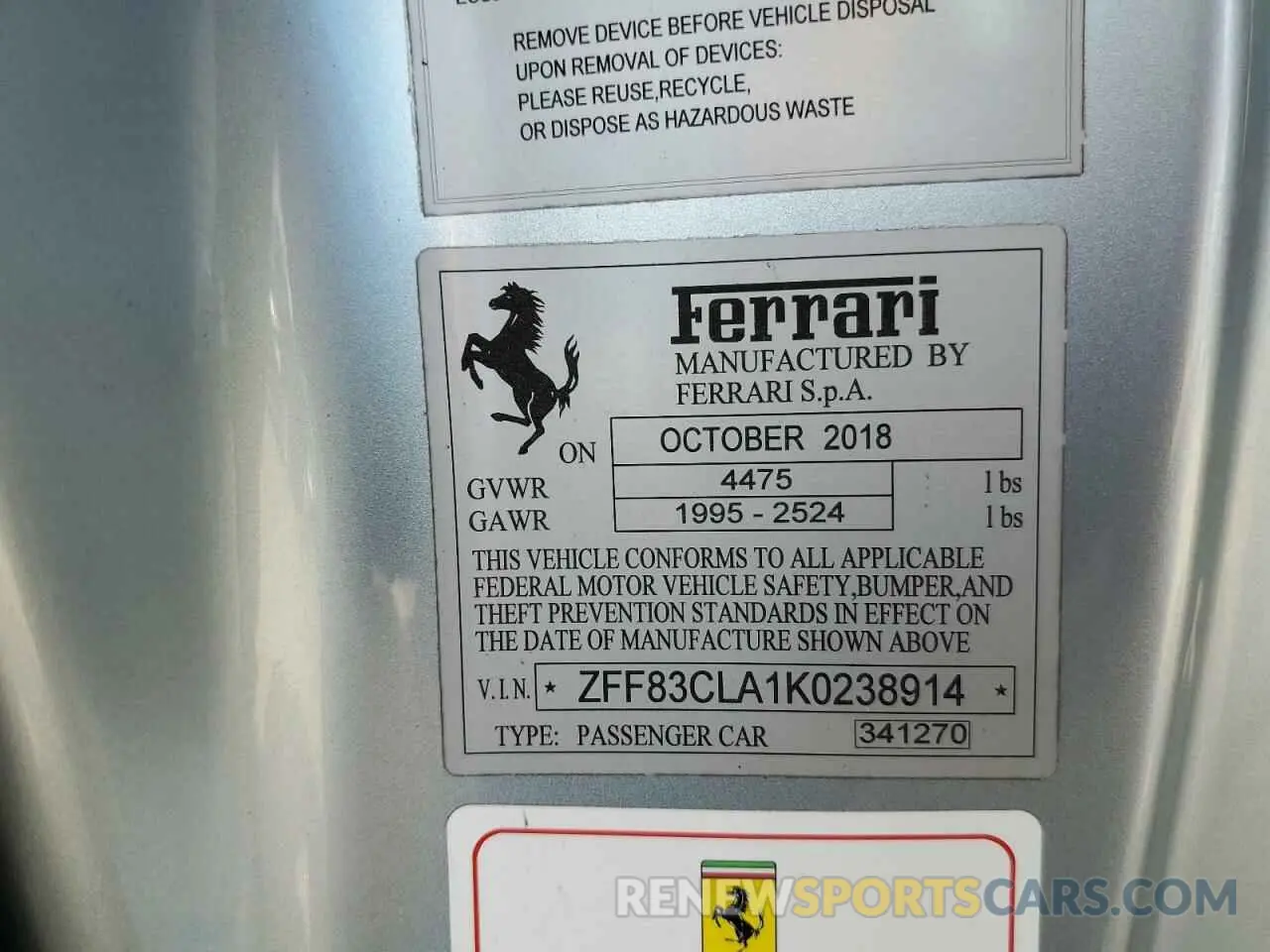 12 Photograph of a damaged car ZFF83CLA1K0238914 FERRARI 812 2019