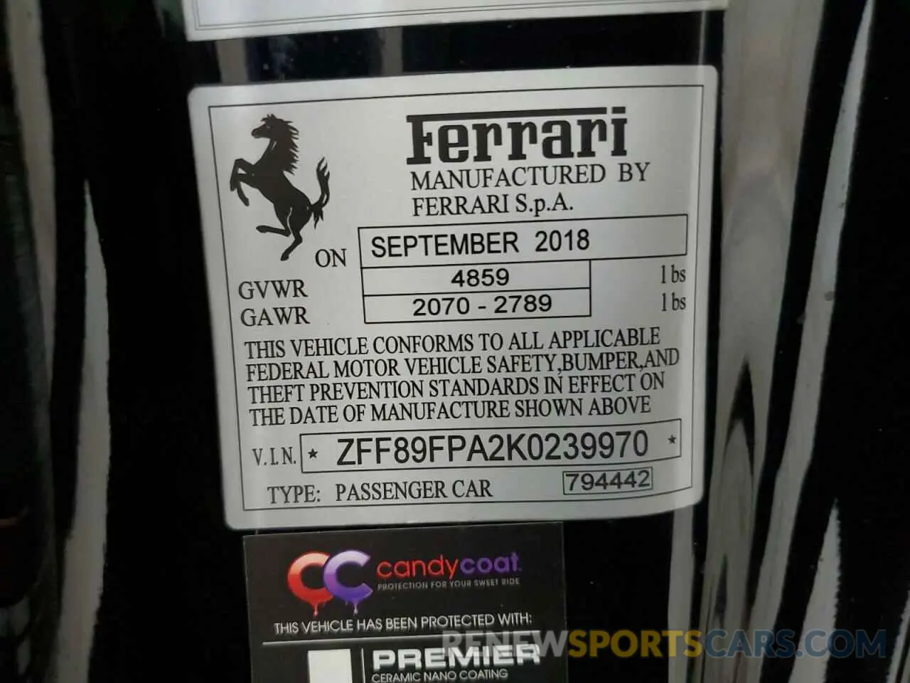14 Photograph of a damaged car ZFF89FPA2K0239970 FERRARI ALL MODELS 2019