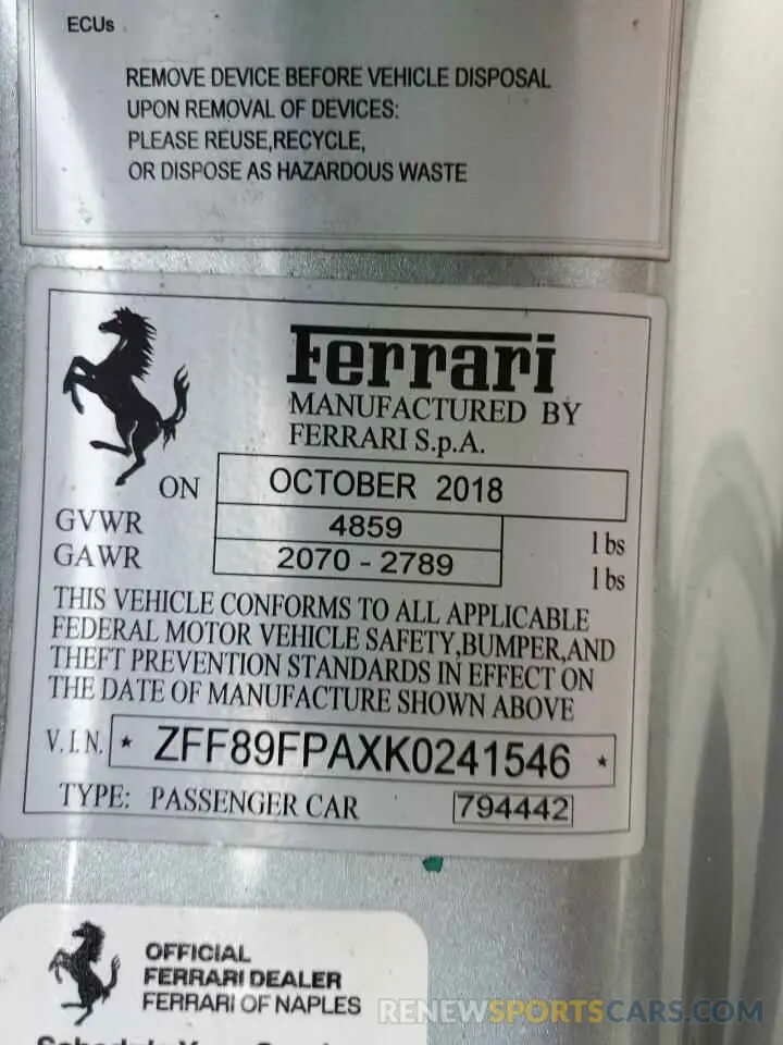 10 Фотография поврежденного автомобиля ZFF89FPAXK0241546 FERRARI ALL MODELS 2019