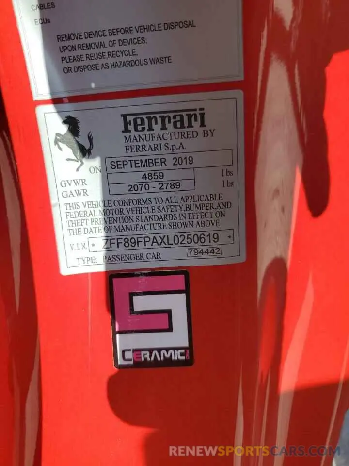 13 Фотография поврежденного автомобиля ZFF89FPAXL0250619 FERRARI ALL MODELS 2020
