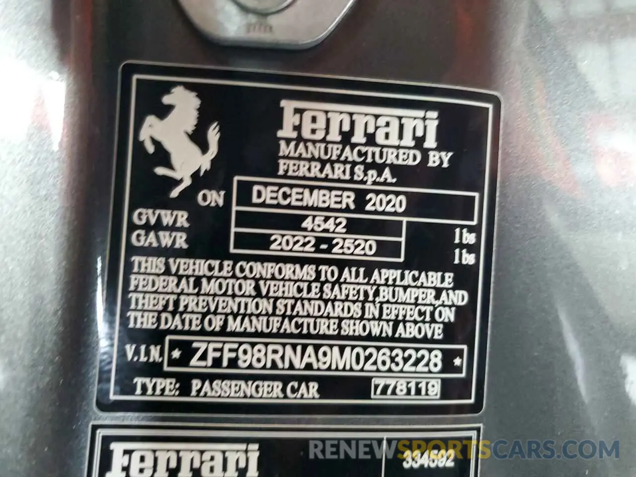 12 Photograph of a damaged car ZFF98RNA9M0263228 FERRARI ALL MODELS 2021