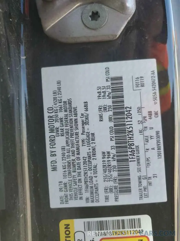 14 Photograph of a damaged car 1FA6P8TH2K5112042 FORD ALL Models 2019