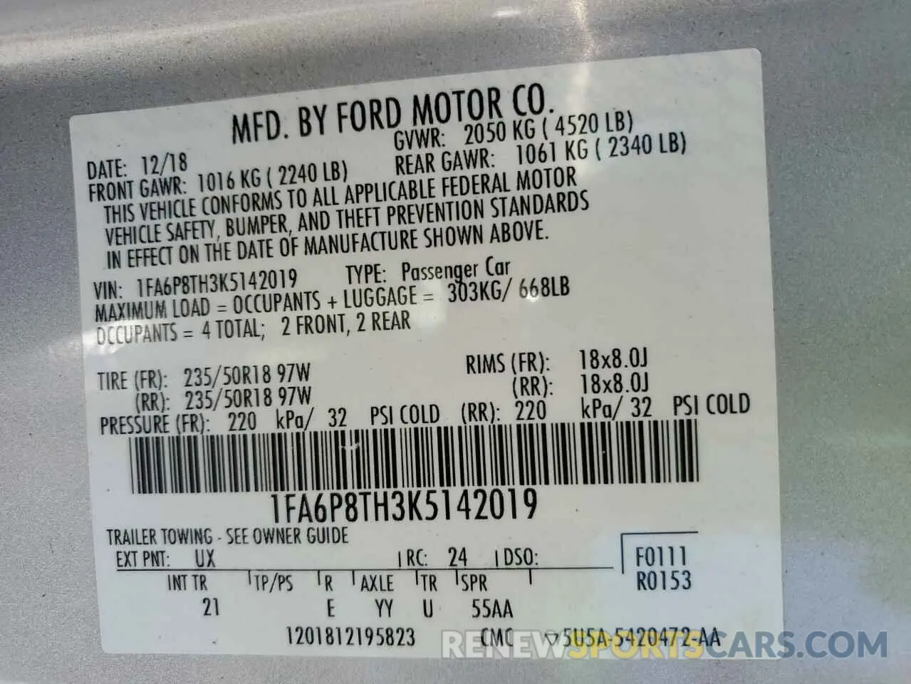 13 Фотография поврежденного автомобиля 1FA6P8TH3K5142019 FORD ALL Models 2019