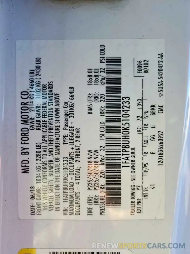 12 Фотография поврежденного автомобиля 1FATP8UH0K5104233 FORD ALL Models 2019