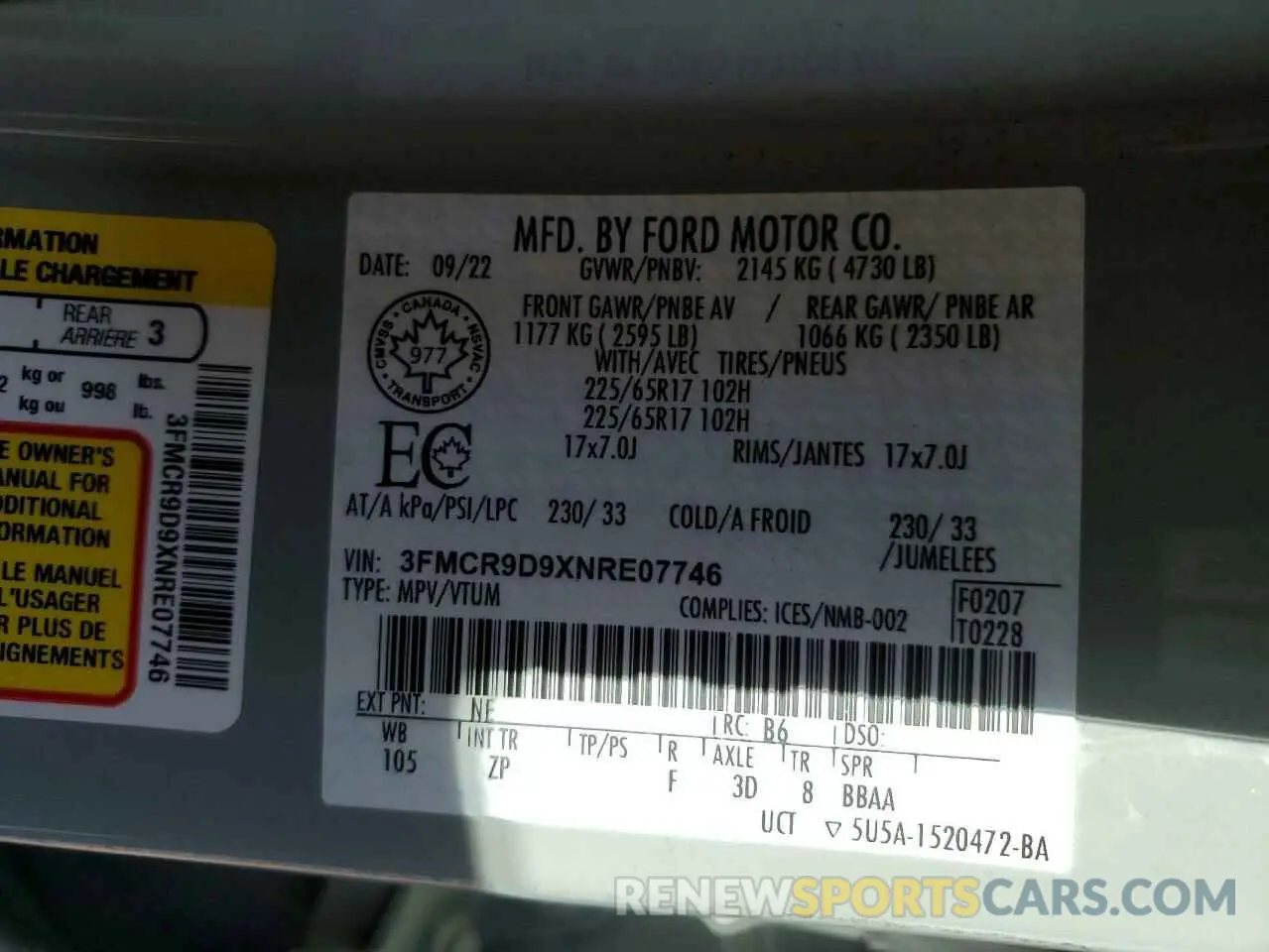 14 Фотография поврежденного автомобиля 3FMCR9D9XNRE07746 FORD BRONCO 2022
