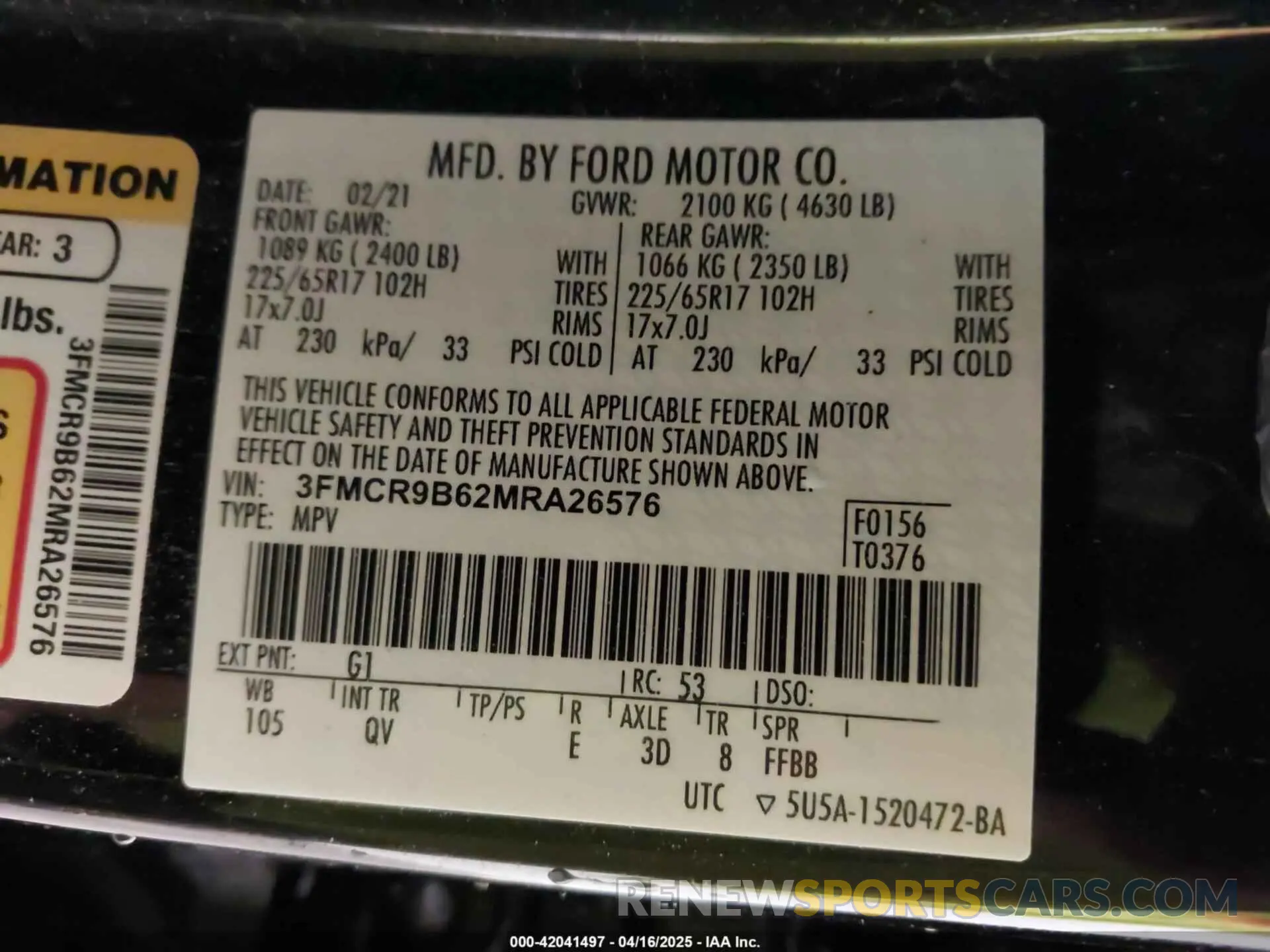 9 Photograph of a damaged car 3FMCR9B62MRA26576 FORD BRONCO SPORT 2021