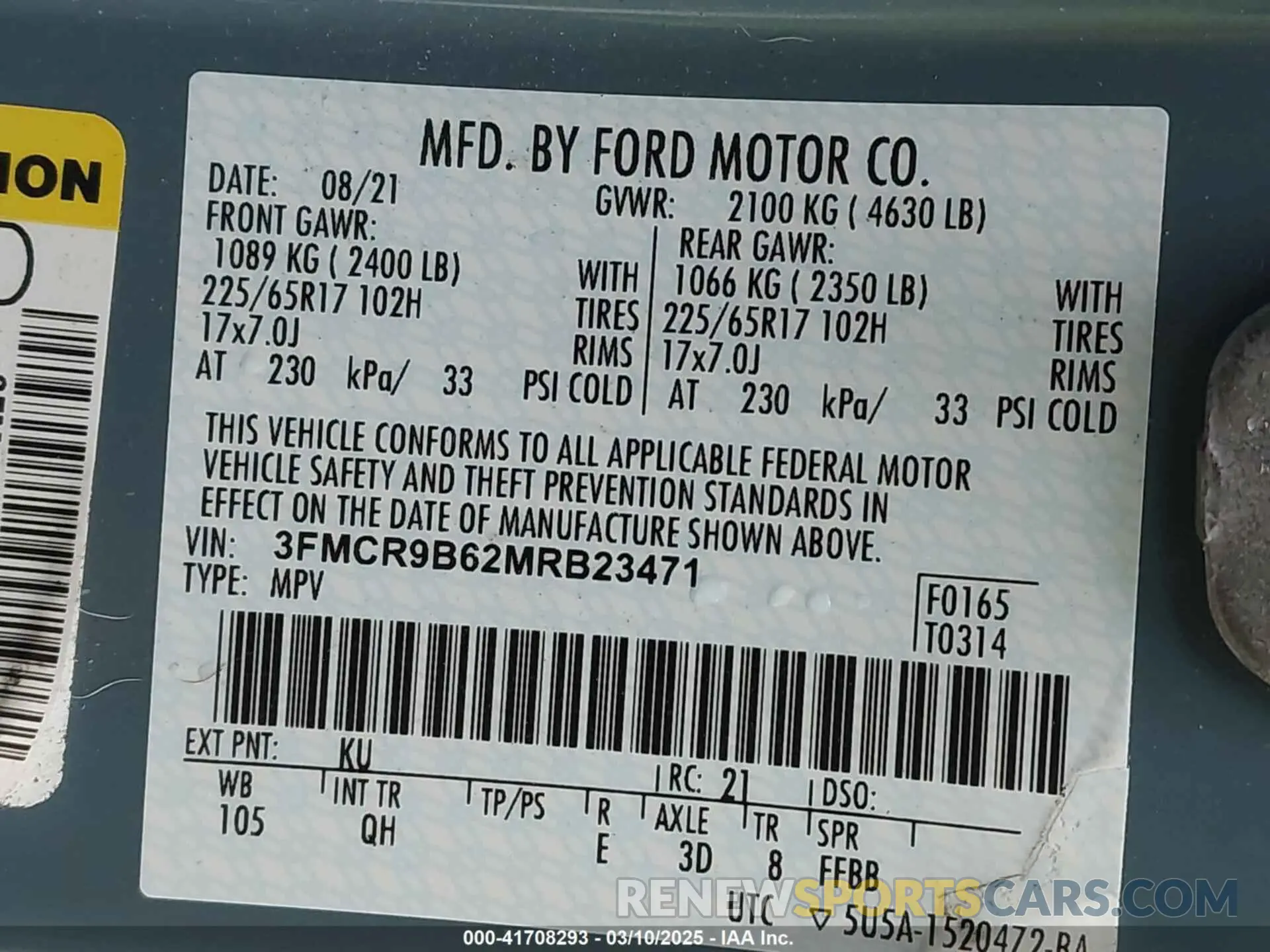 9 Photograph of a damaged car 3FMCR9B62MRB23471 FORD BRONCO SPORT 2021