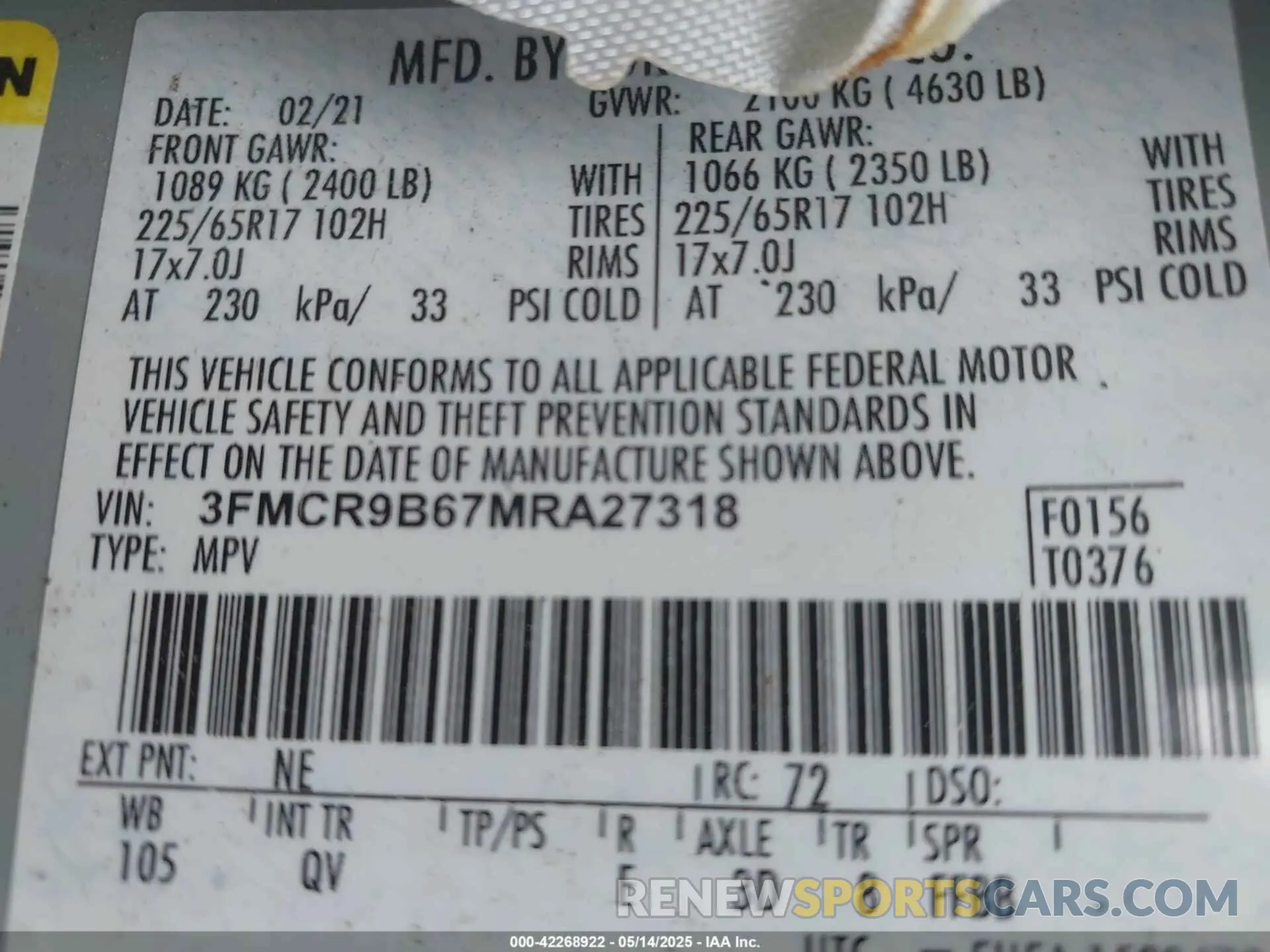 9 Photograph of a damaged car 3FMCR9B67MRA27318 FORD BRONCO SPORT 2021