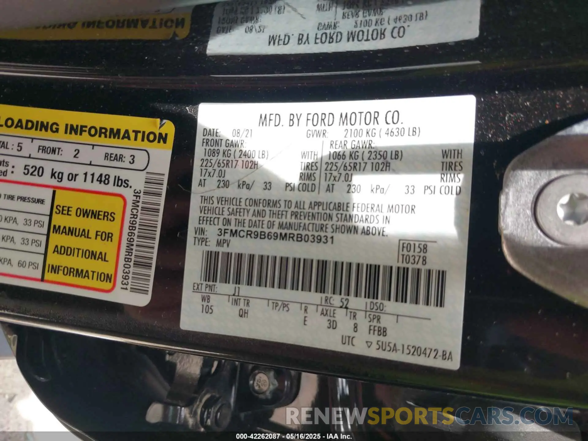 9 Photograph of a damaged car 3FMCR9B69MRB03931 FORD BRONCO SPORT 2021