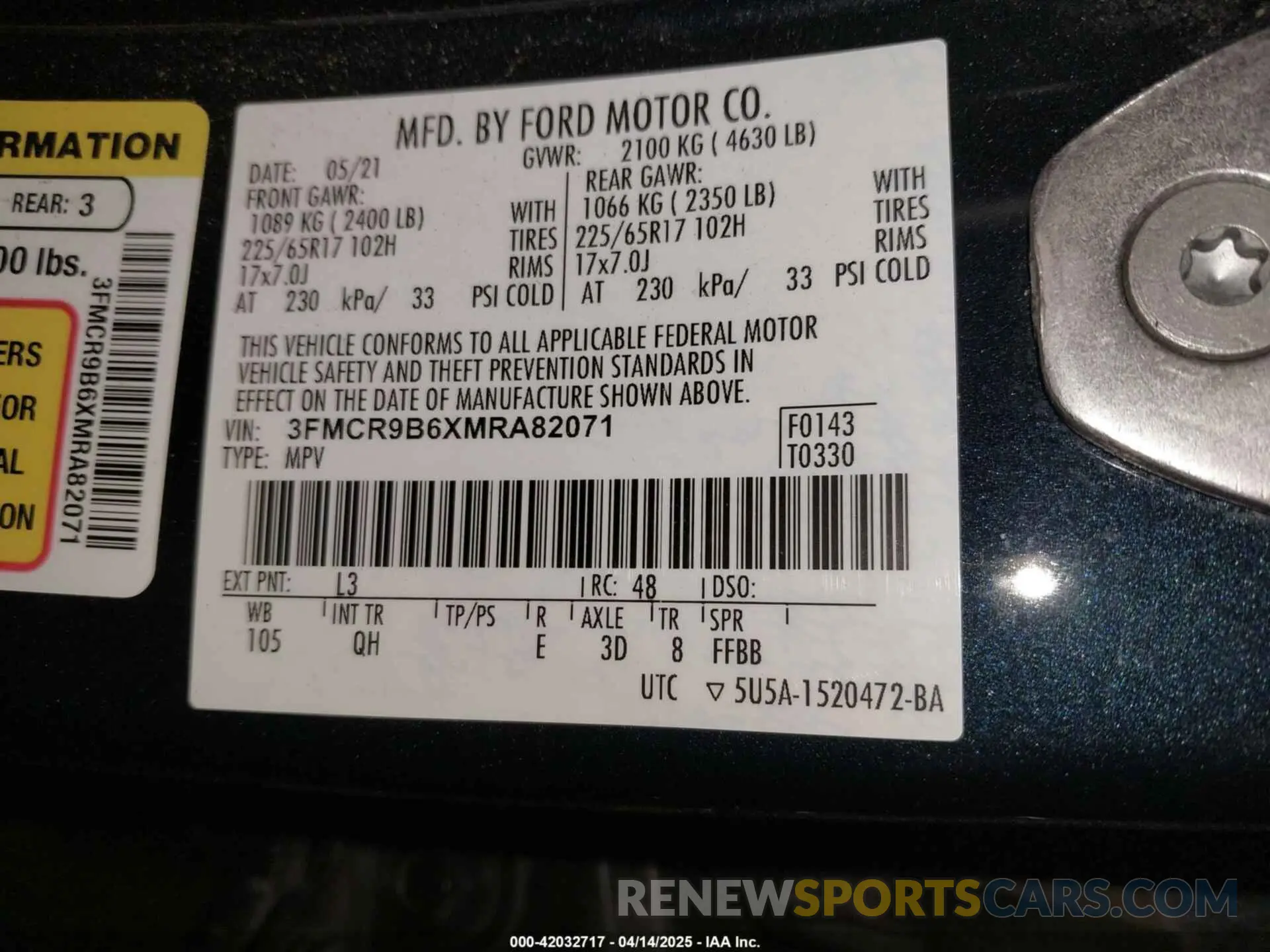 9 Photograph of a damaged car 3FMCR9B6XMRA82071 FORD BRONCO SPORT 2021