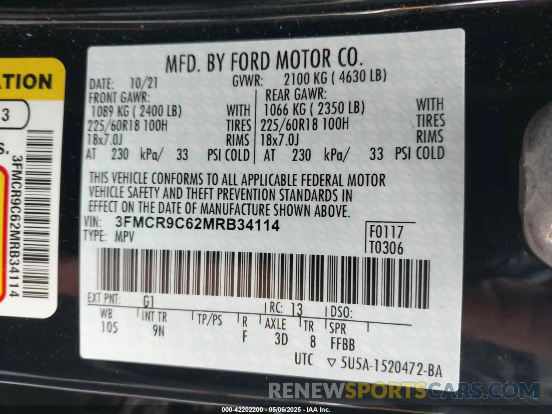 9 Фотография поврежденного автомобиля 3FMCR9C62MRB34114 FORD BRONCO SPORT 2021