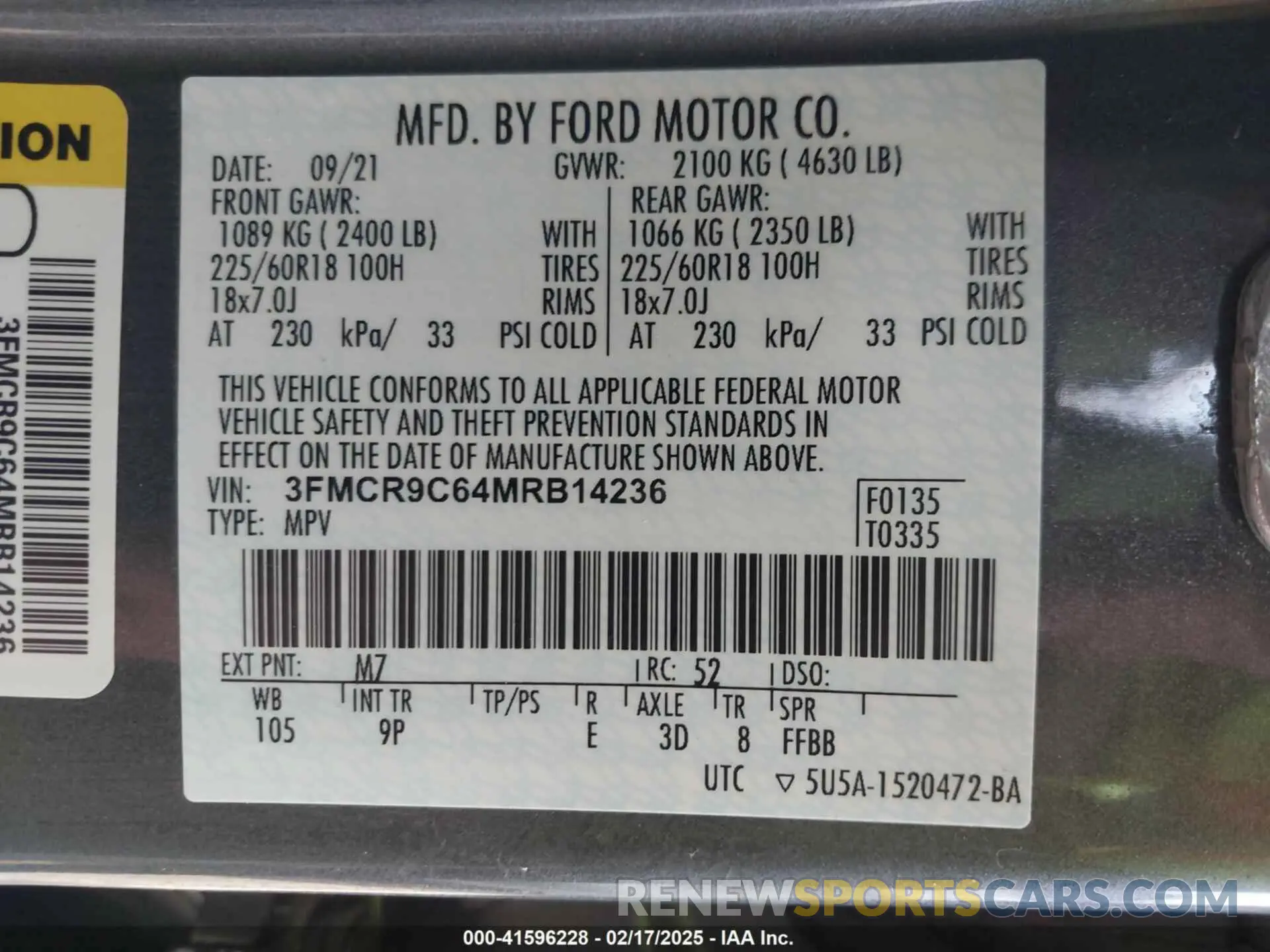 9 Photograph of a damaged car 3FMCR9C64MRB14236 FORD BRONCO SPORT 2021