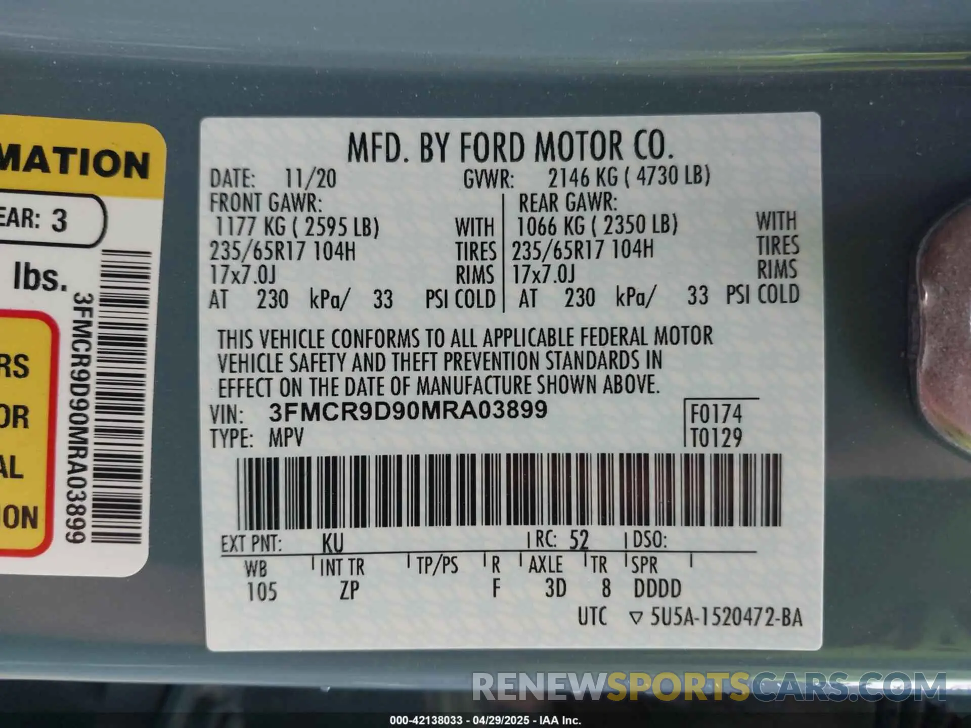 9 Photograph of a damaged car 3FMCR9D90MRA03899 FORD BRONCO SPORT 2021