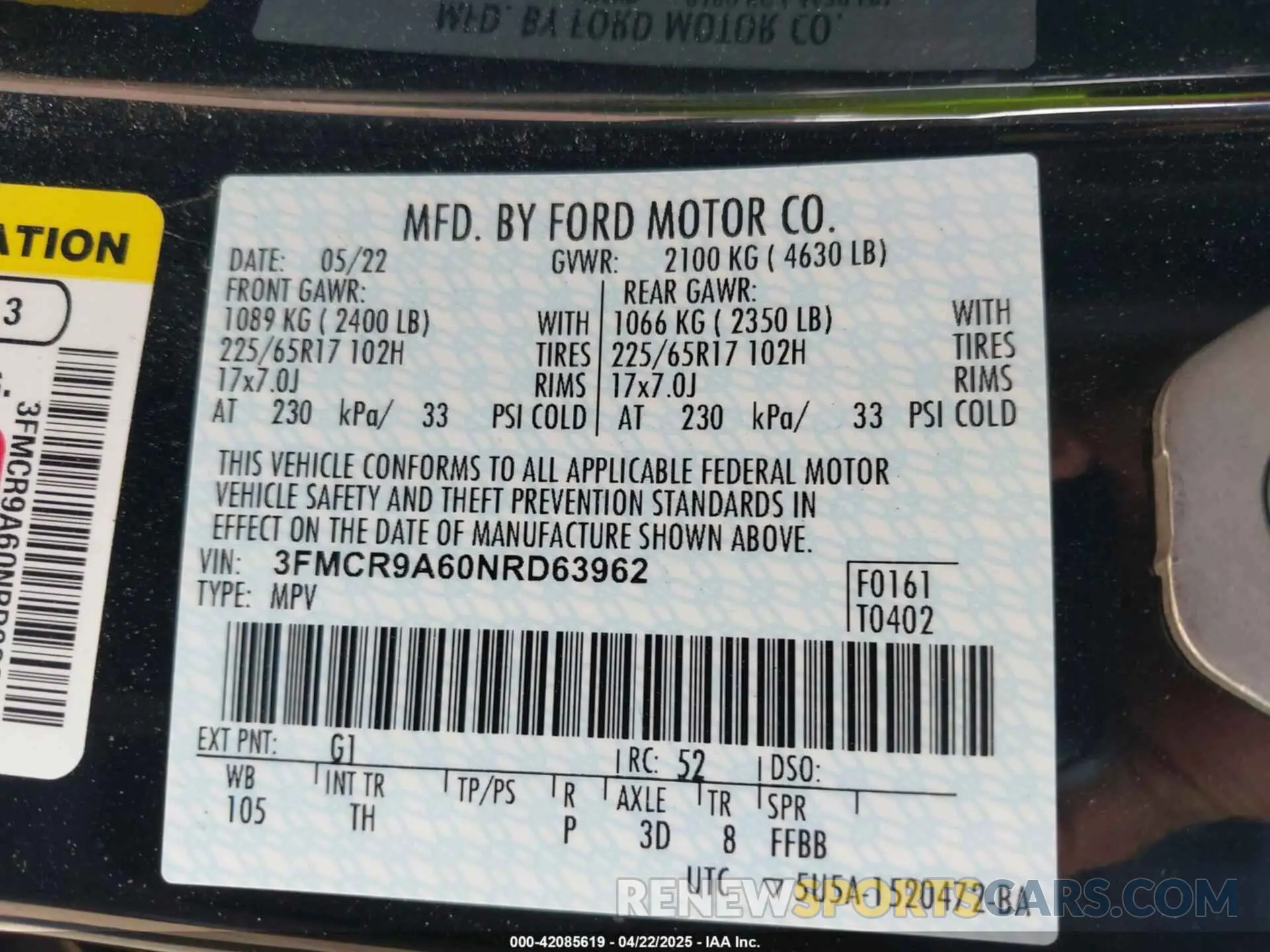 9 Фотография поврежденного автомобиля 3FMCR9A60NRD63962 FORD BRONCO SPORT 2022