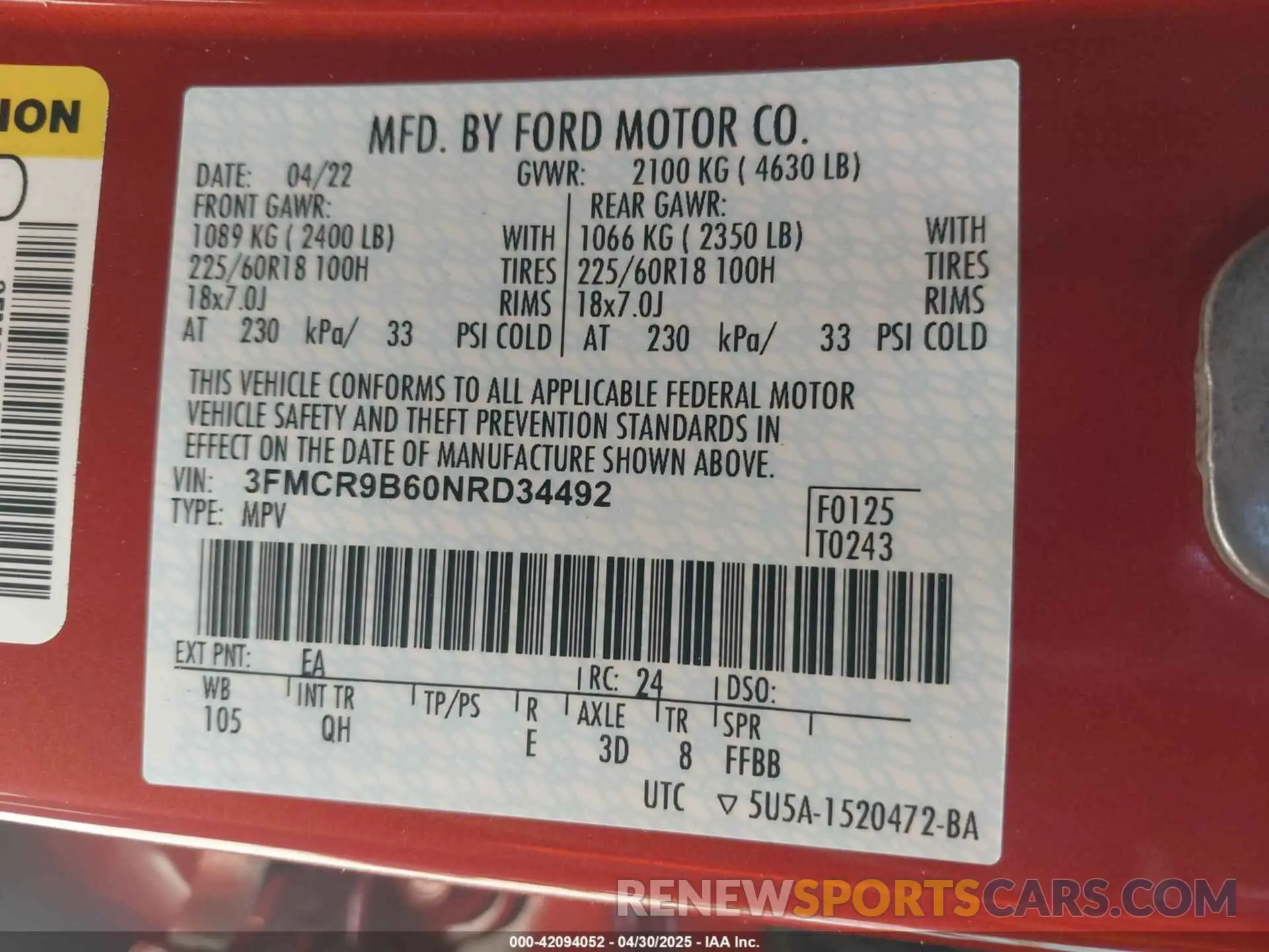 9 Photograph of a damaged car 3FMCR9B60NRD34492 FORD BRONCO SPORT 2022