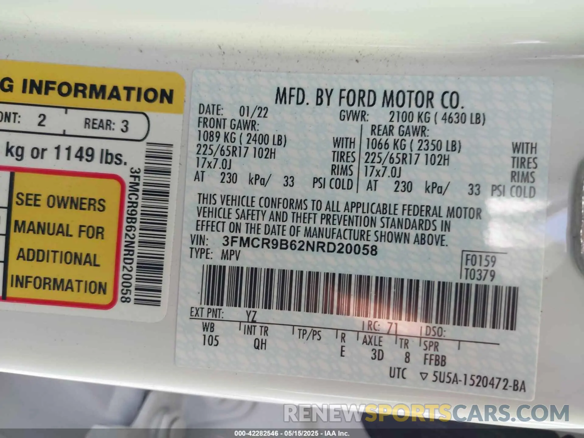 9 Photograph of a damaged car 3FMCR9B62NRD20058 FORD BRONCO SPORT 2022